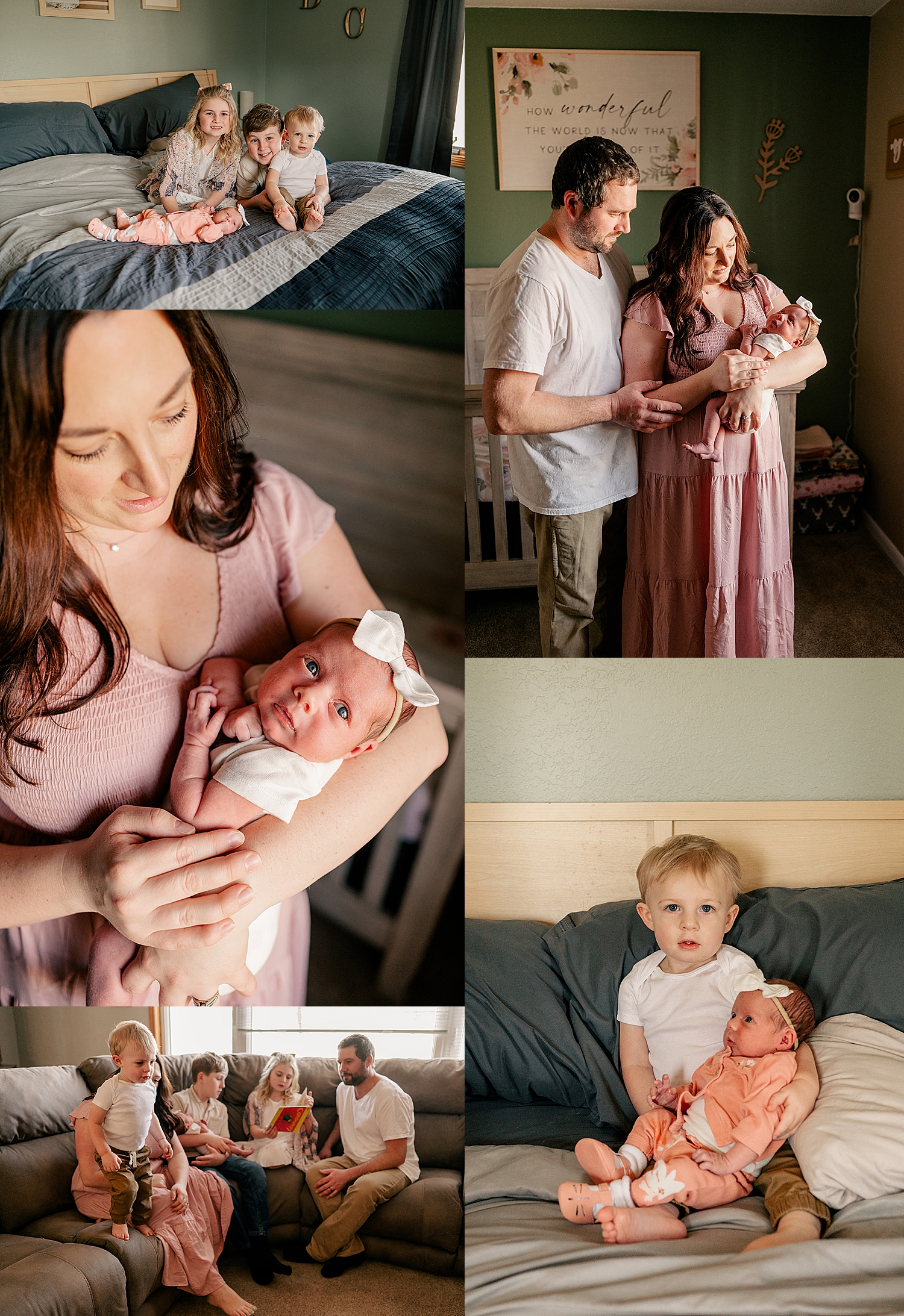 little kids gather around new addition to the family on bed for in-home session
