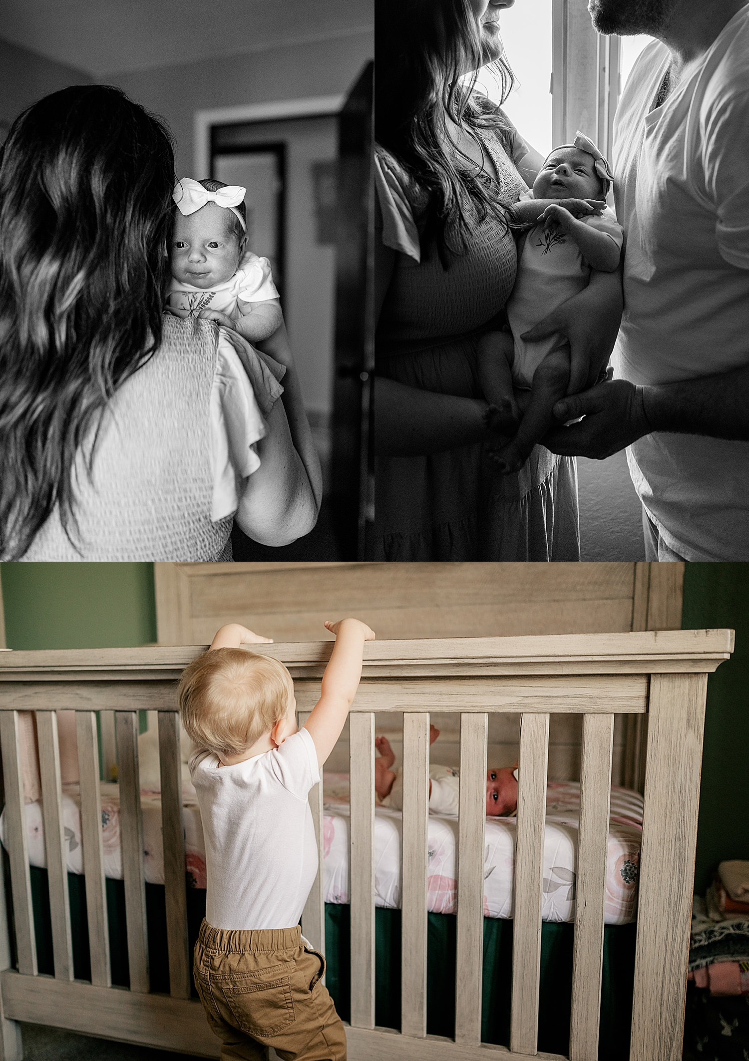 toddler climbs on crib trying to see new baby by Minnesota family photographer