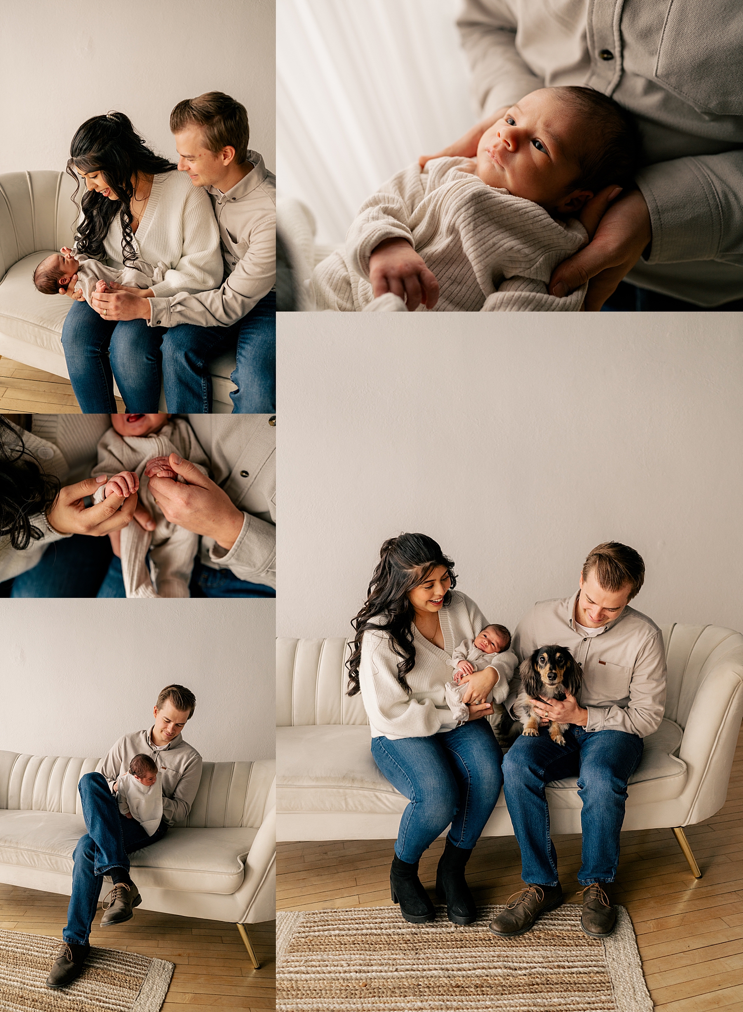 parents sit on couch in studio with their dog by Rule Creative Co