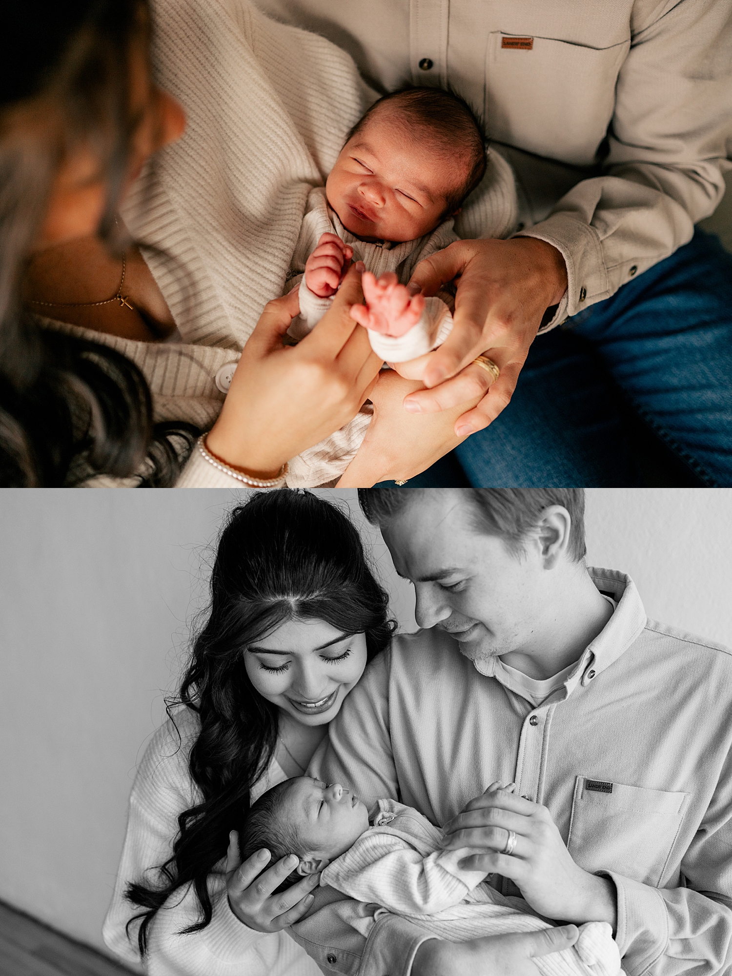 parents cradle their new additions closely in studio by Minnesota family photographer