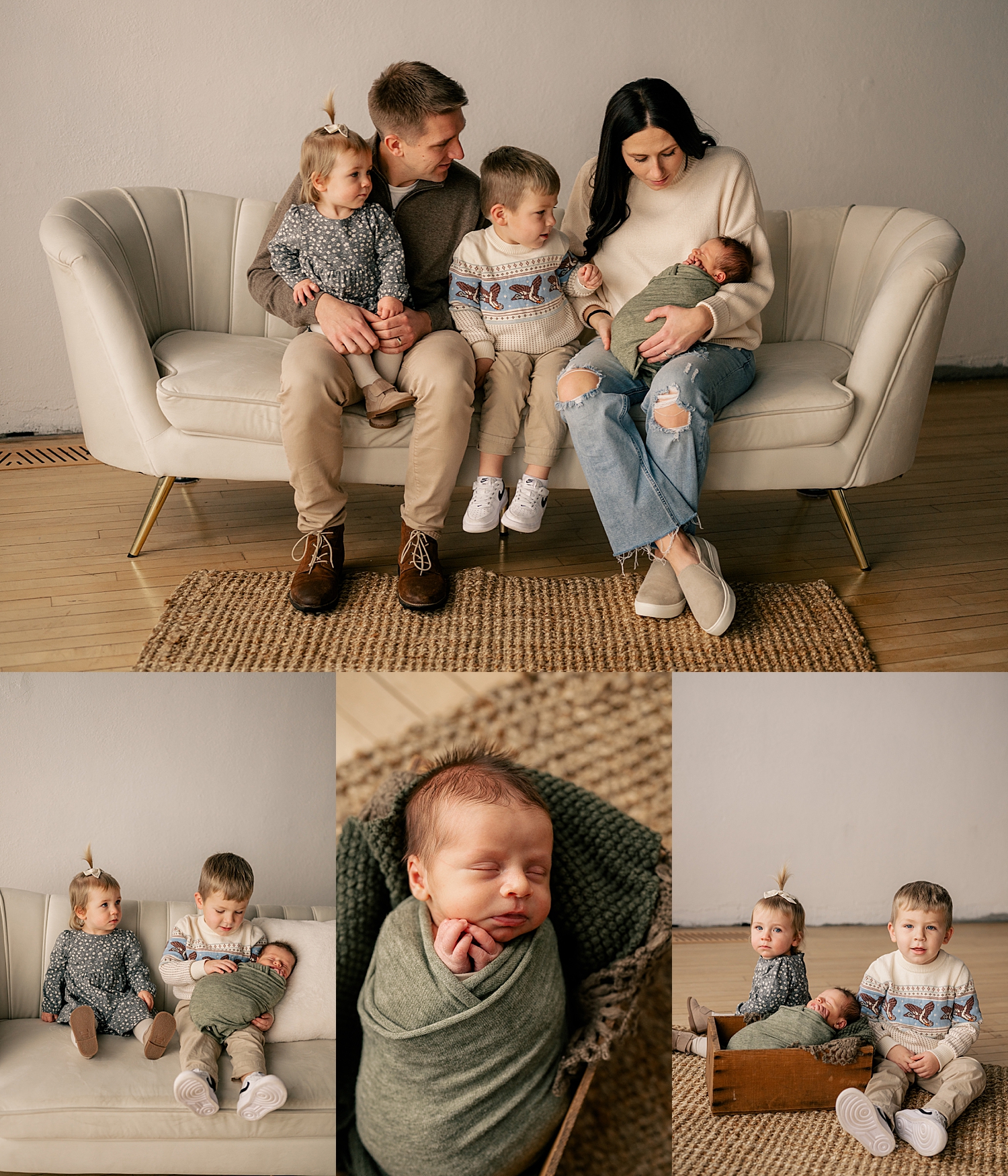 family of five sits on couch in studio by Minnesota family photographer