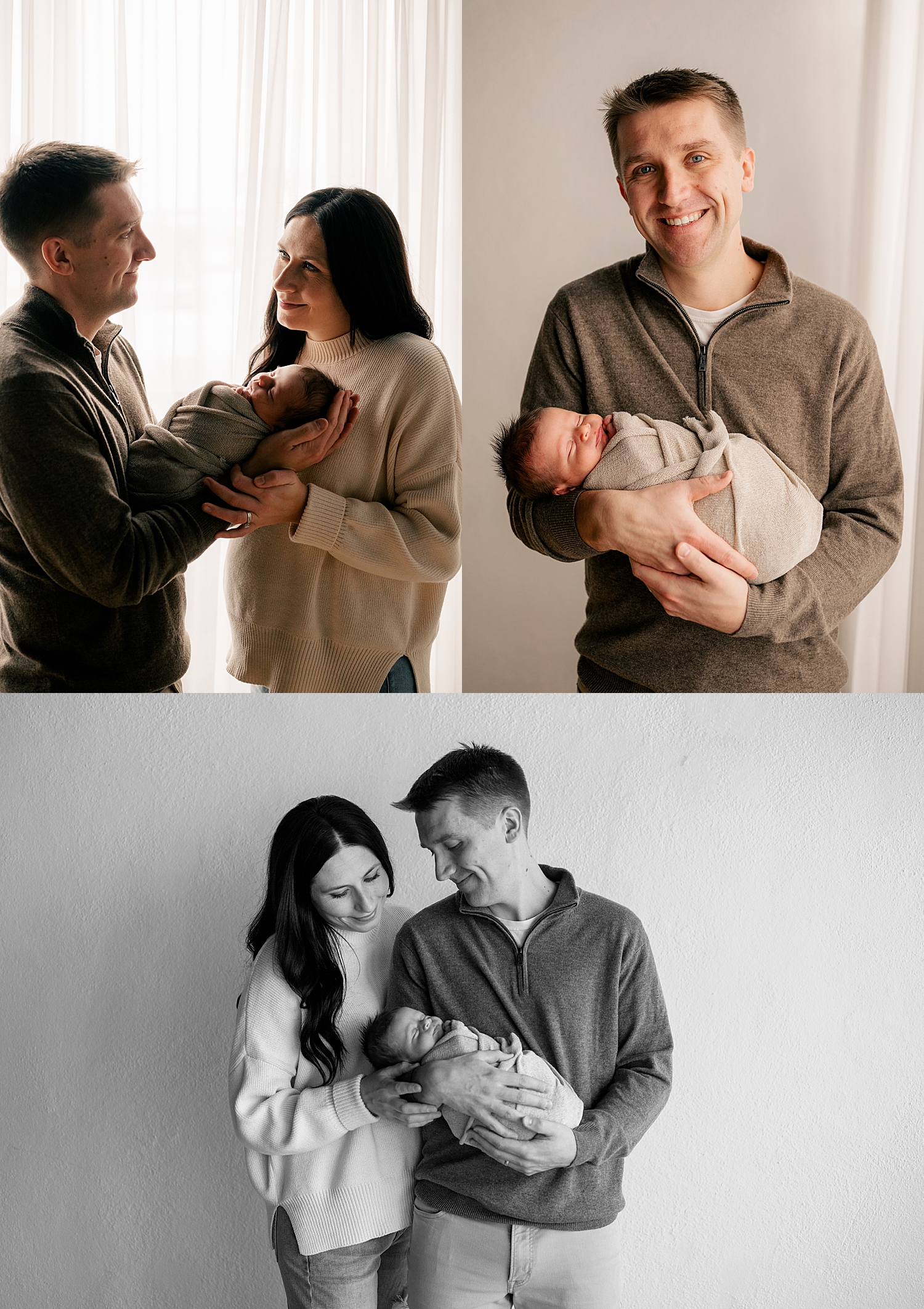 mom and dad hold their new baby closely in front of window by Rule Creative Co