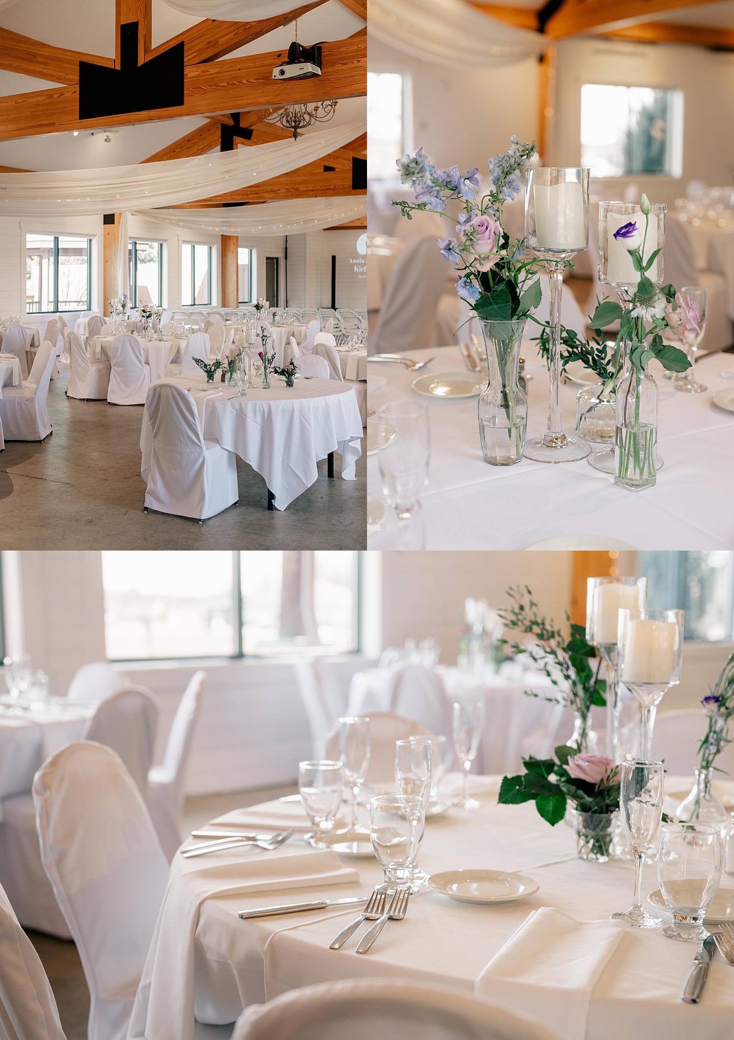 large white tables in a big hall by MN Elopement Photographer