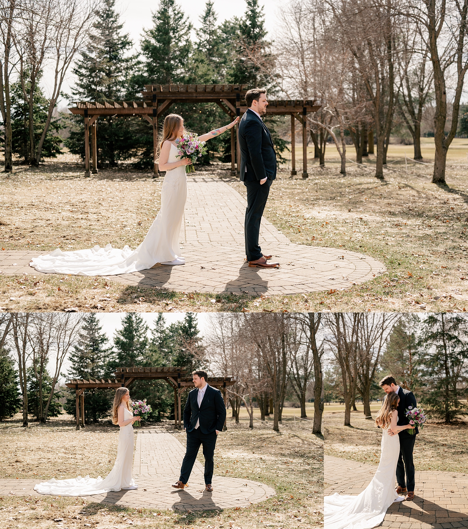 woman approaches fiance outside for first look by MN Elopement Photographer