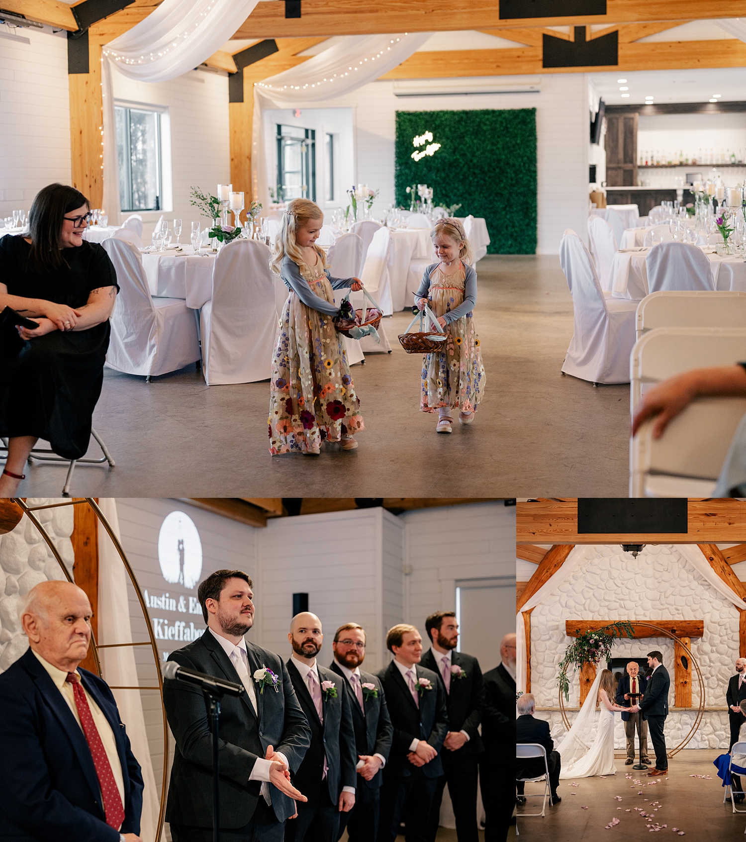 flower girls throw petals in indoor ceremony by Rule Creative Co