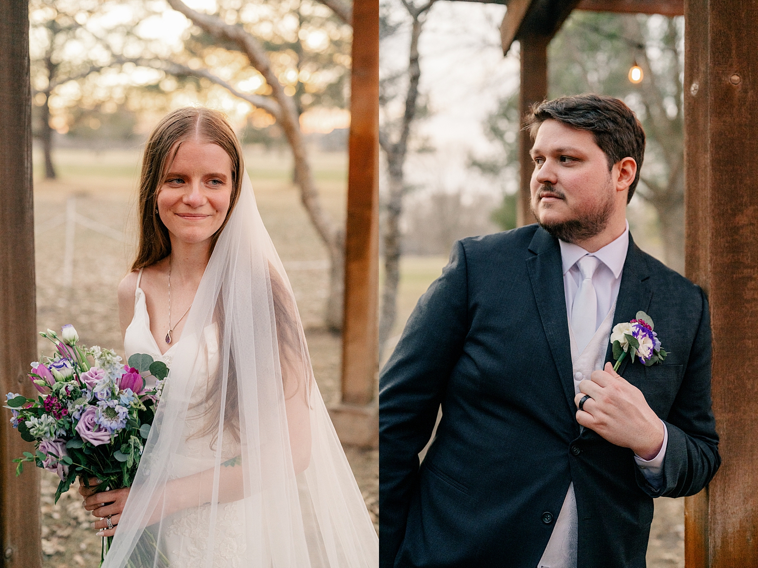 bride and groom standing outside under trees at golden hour by Rule Creative Co