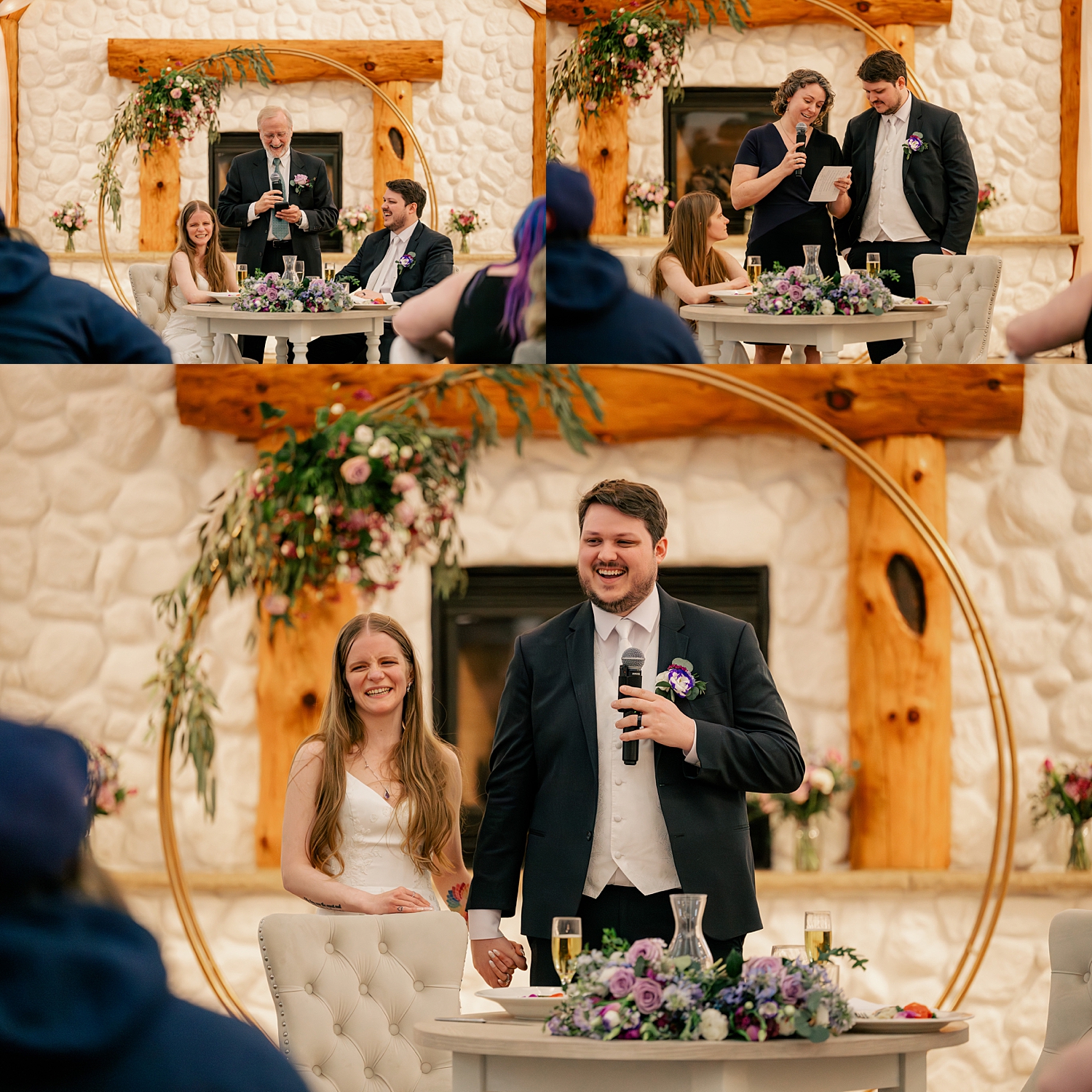 newlyweds hear toasts from guests at their reception for Minnesota Spring Wedding