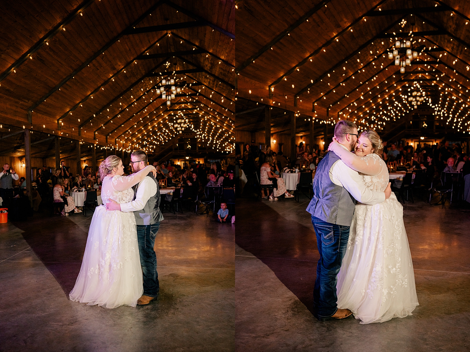 newlyweds share a first dance under twinkle lights by Minnesota elopement photographer