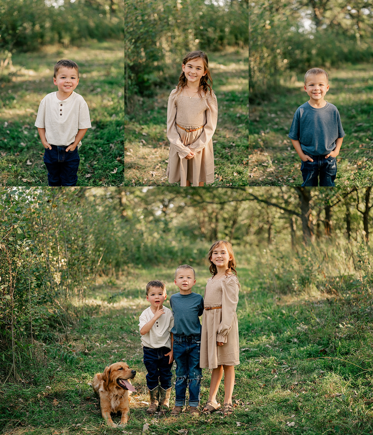 three kids standing side by side under big trees for annual family photos