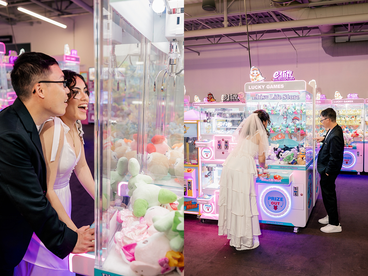 newlyweds play with games at Asia Mall showing a unique engagement session location