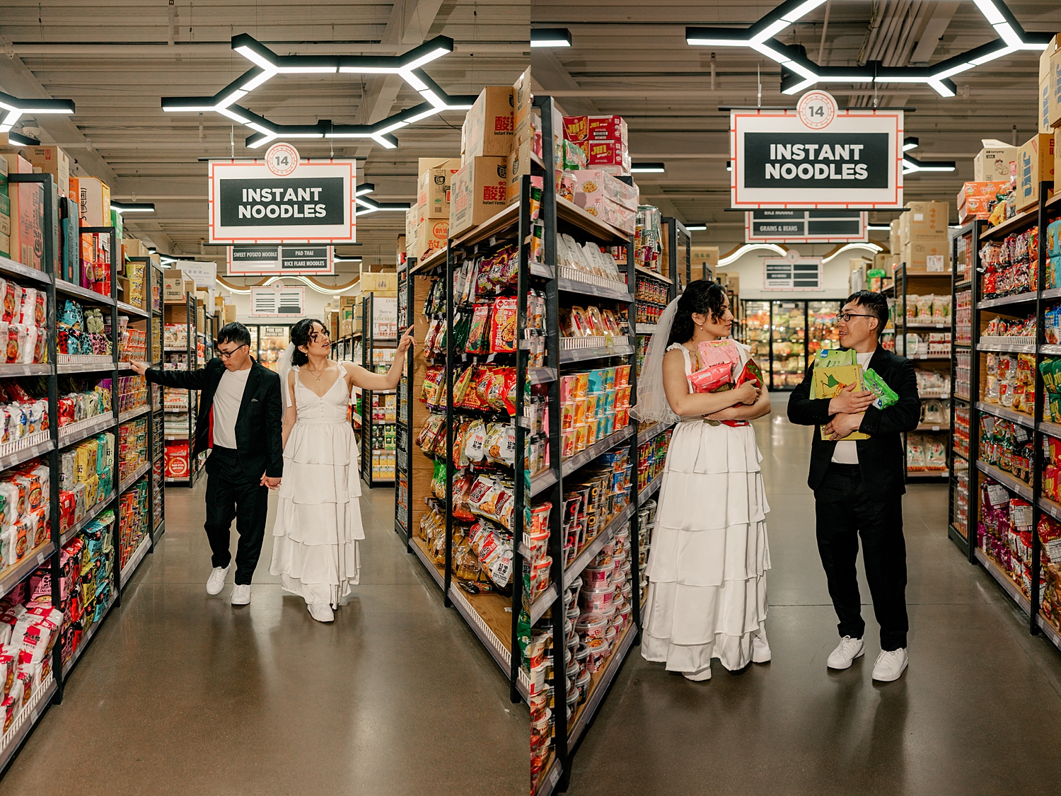 man and woman in wedding outfits at grocery store showing a unique engagement session location