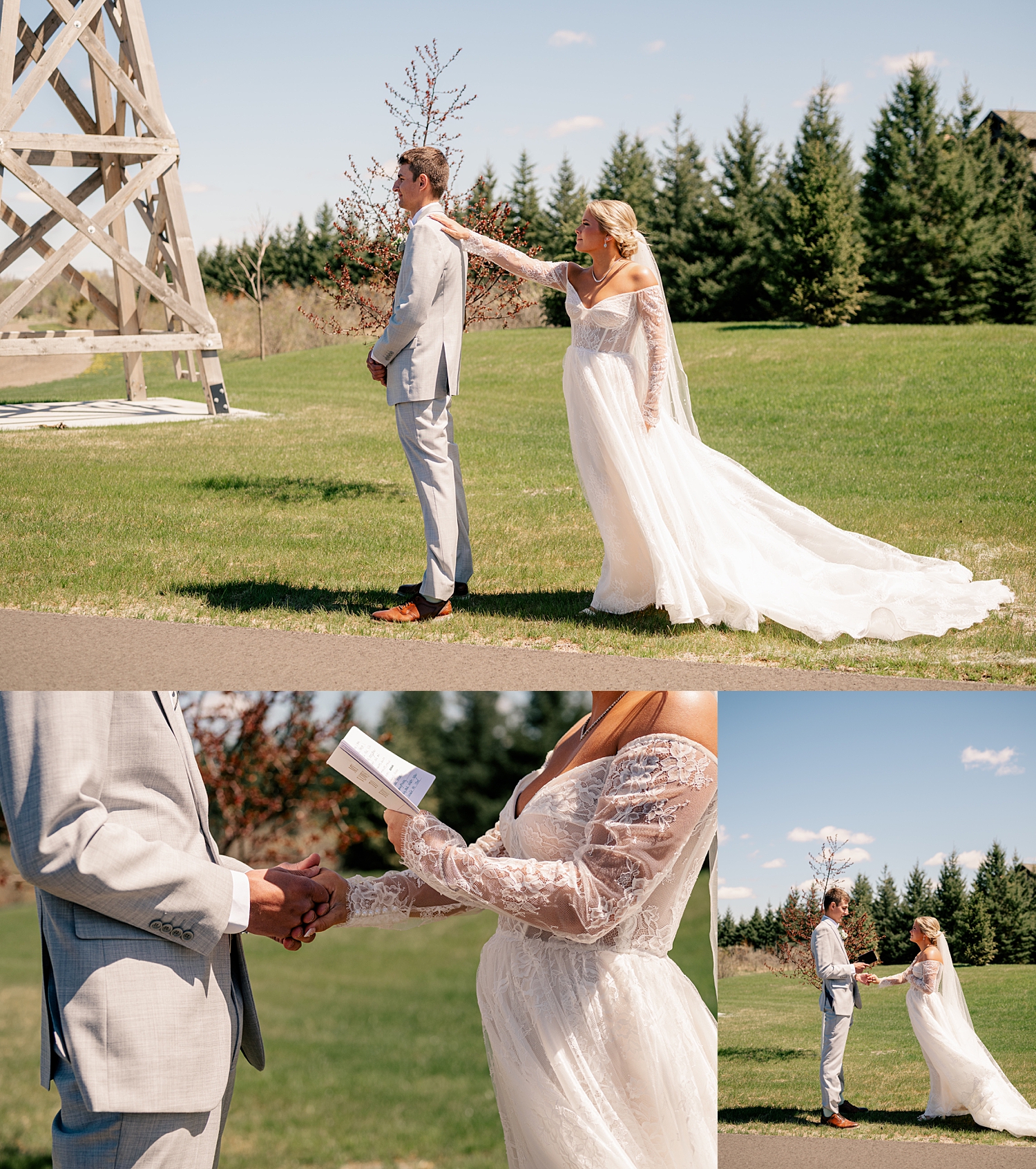 bride reaches for groom during outdoor first look by Minnesota wedding photographer