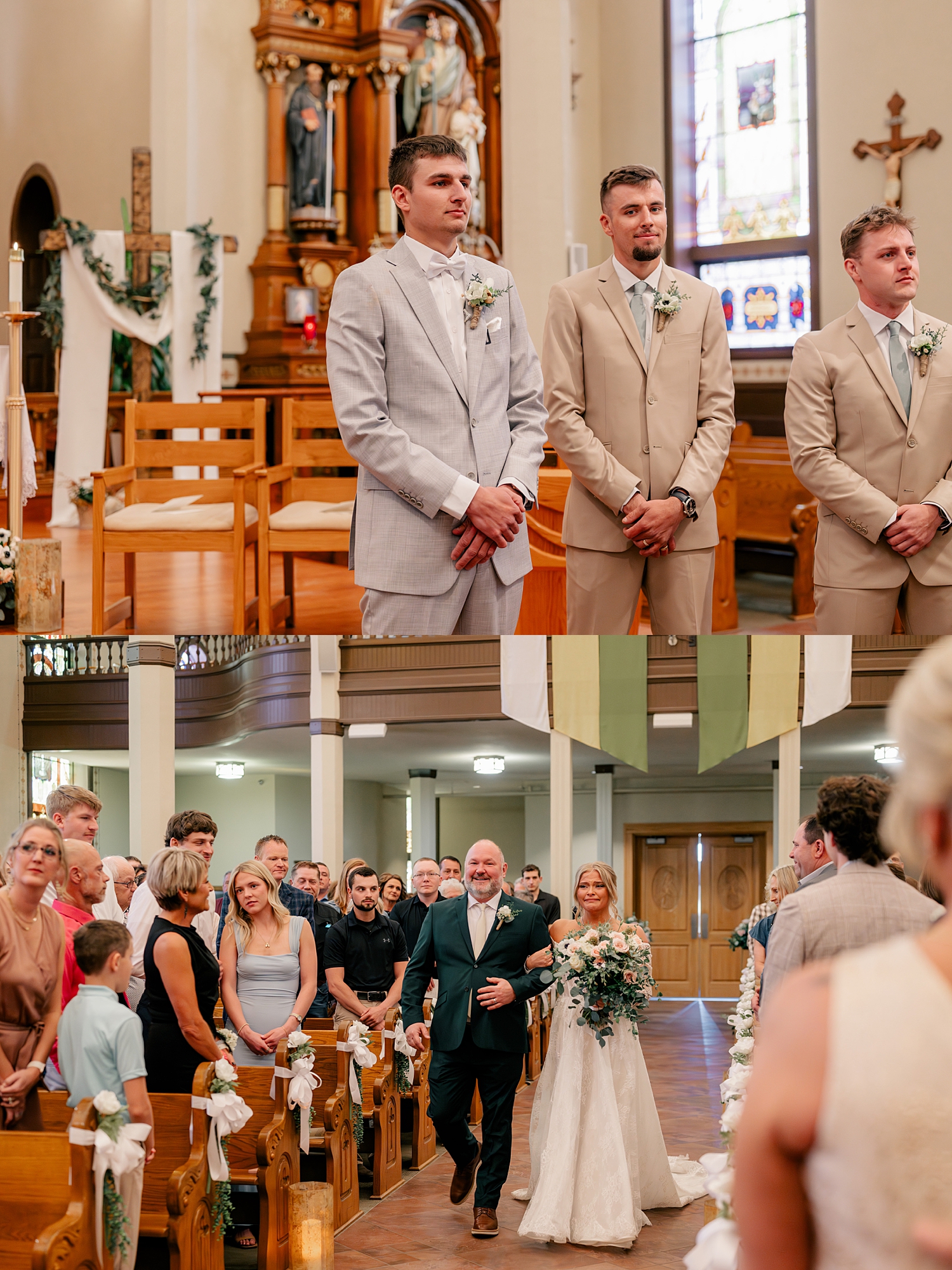 groom in gray suit waits at alter by Minnesota wedding photographer