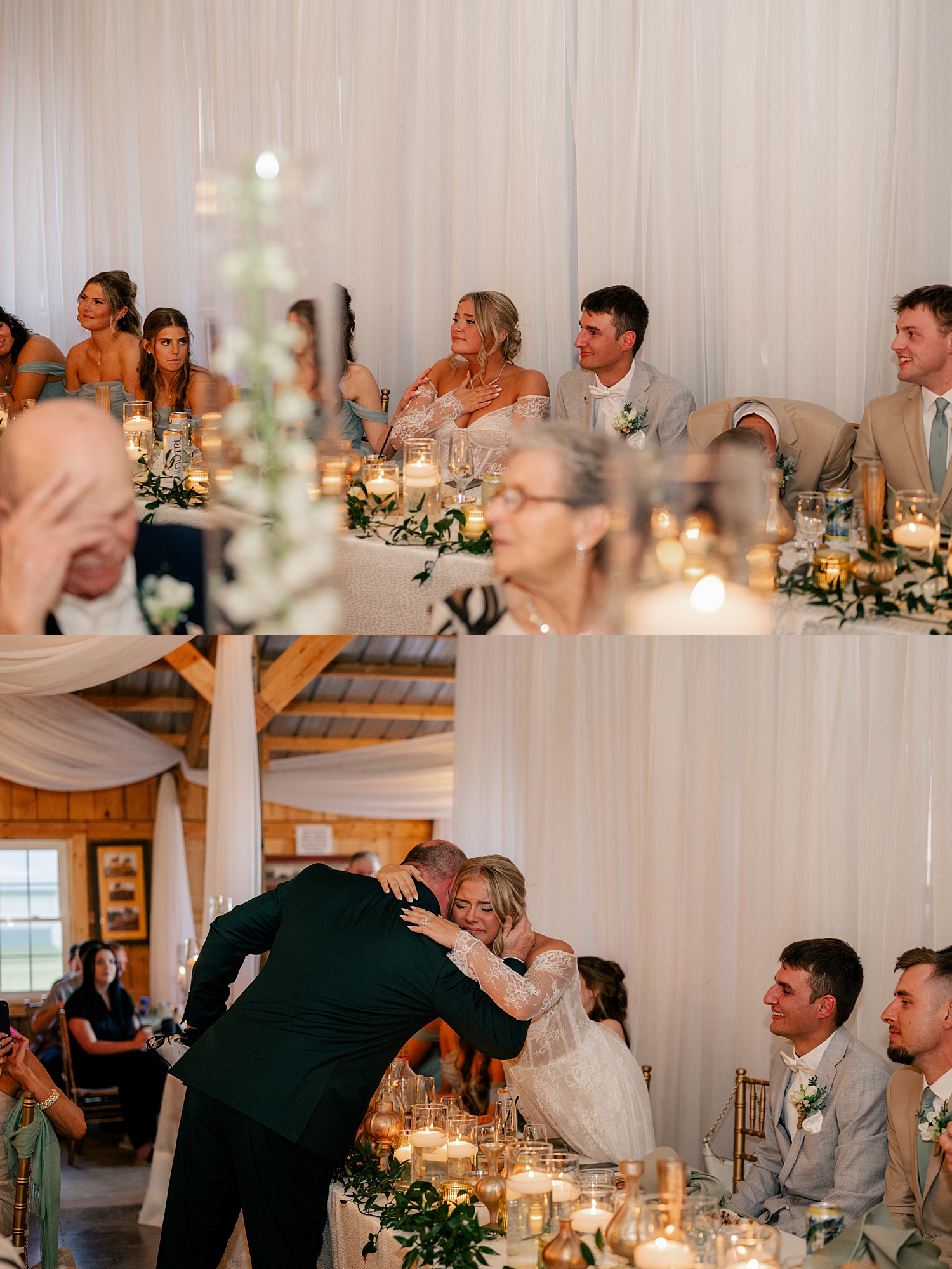 father hugs his daughter during toasts at reception by Rule Creative Co 