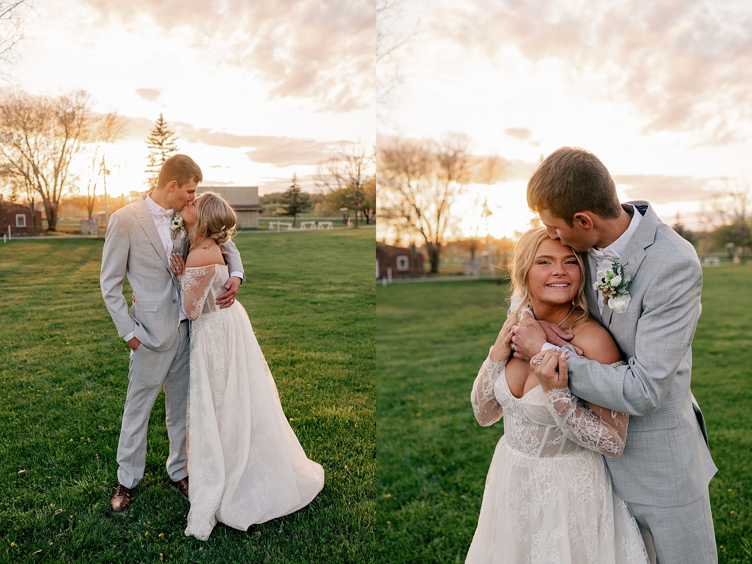 couple shares a kiss in the field during golden hour at Stearns County Pioneer Club