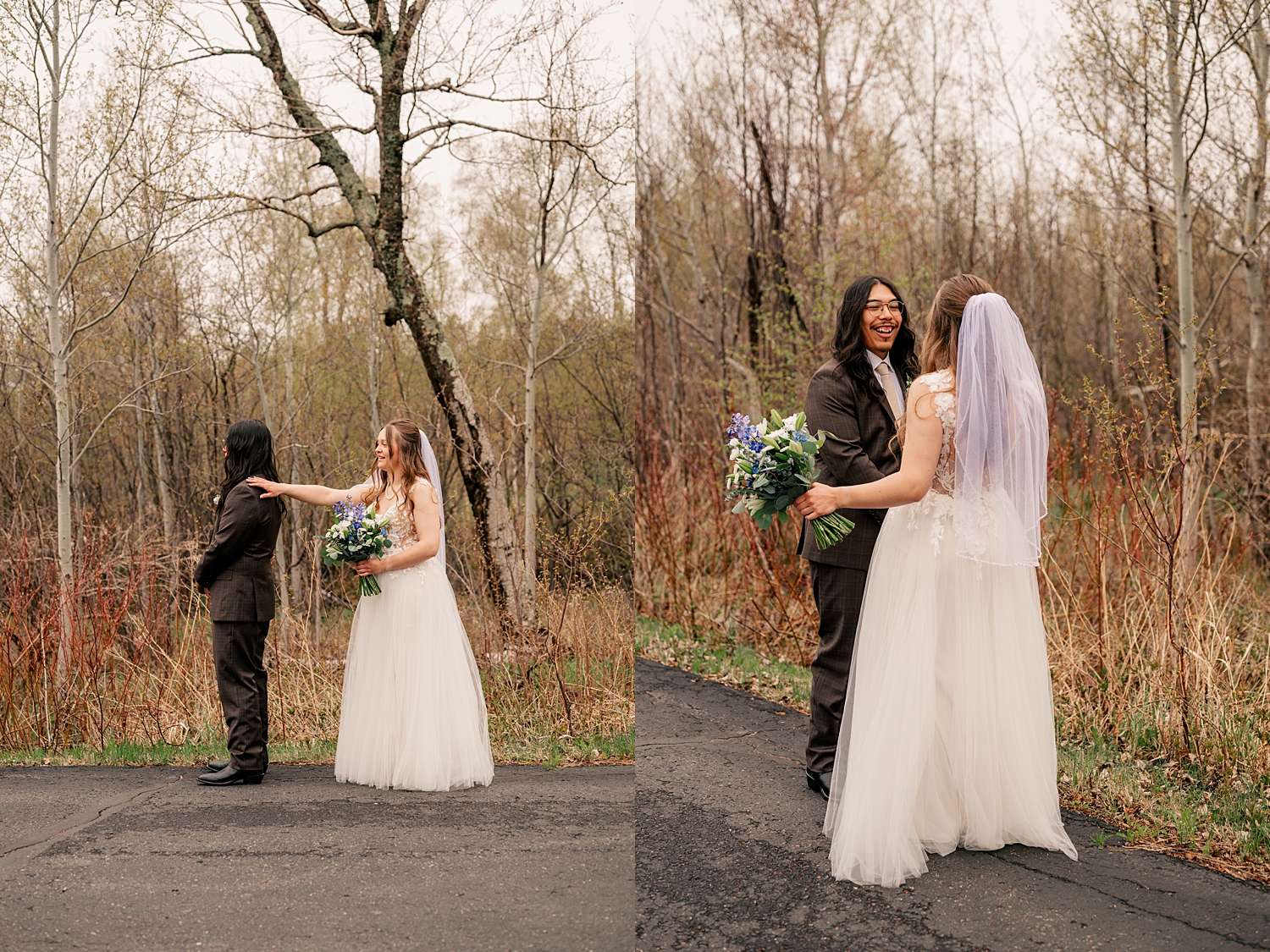 bride approaches her groom for first look by Minnesota wedding photographer