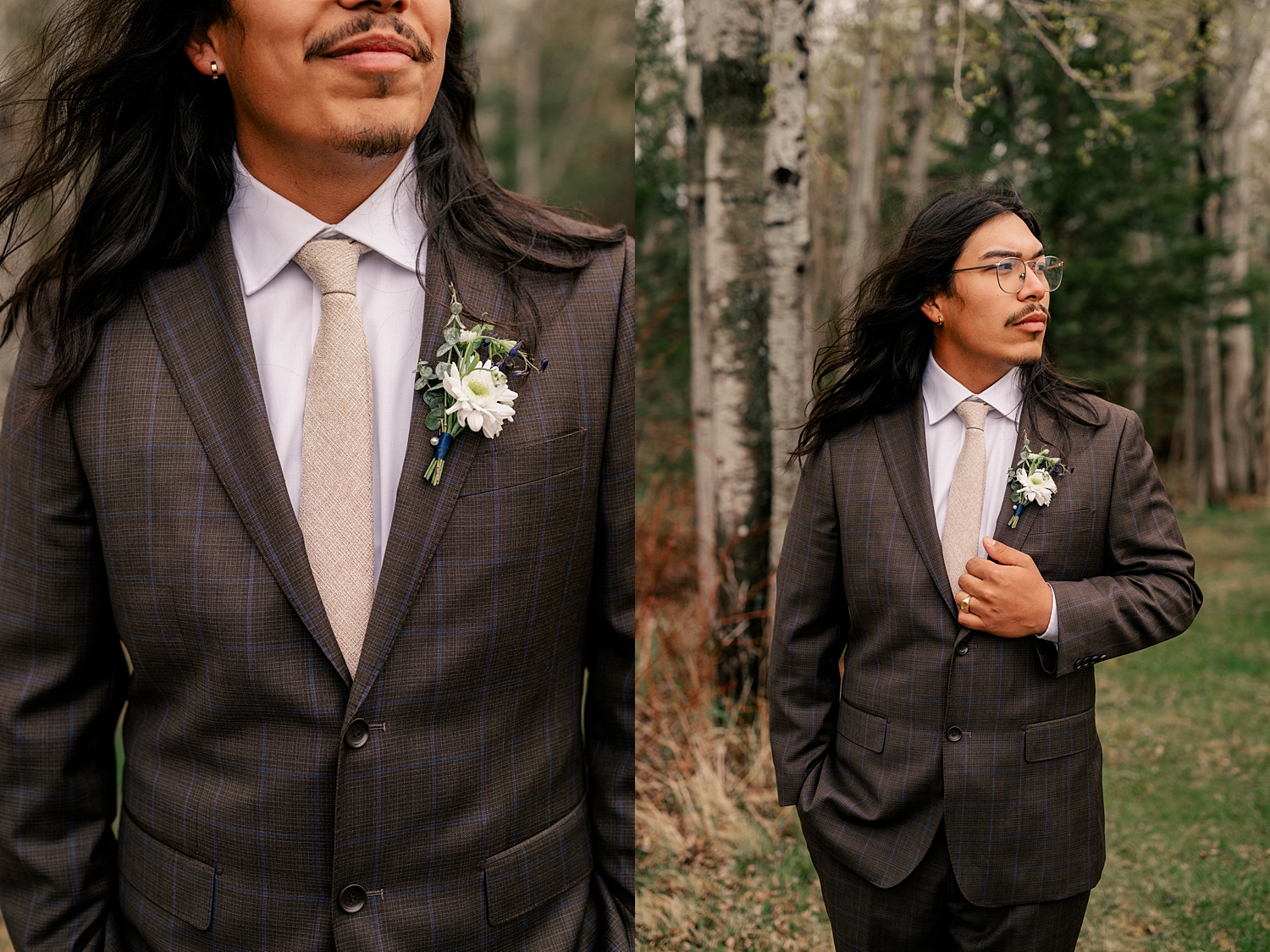 groom in brown suit in the forest for North Shore Minnesota Elopement