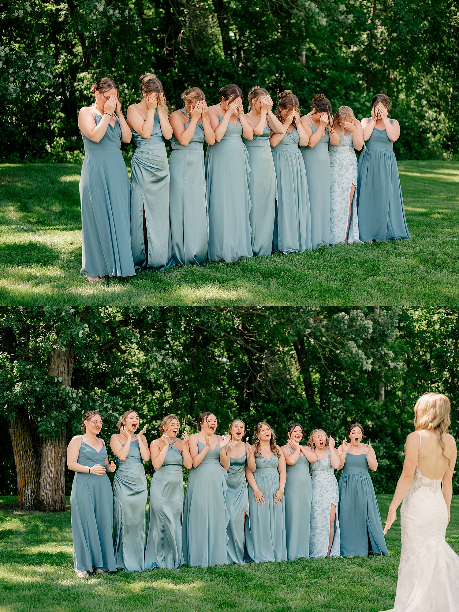 bridesmaids in blue dresses do first look with bride by Minnesota wedding photographer 