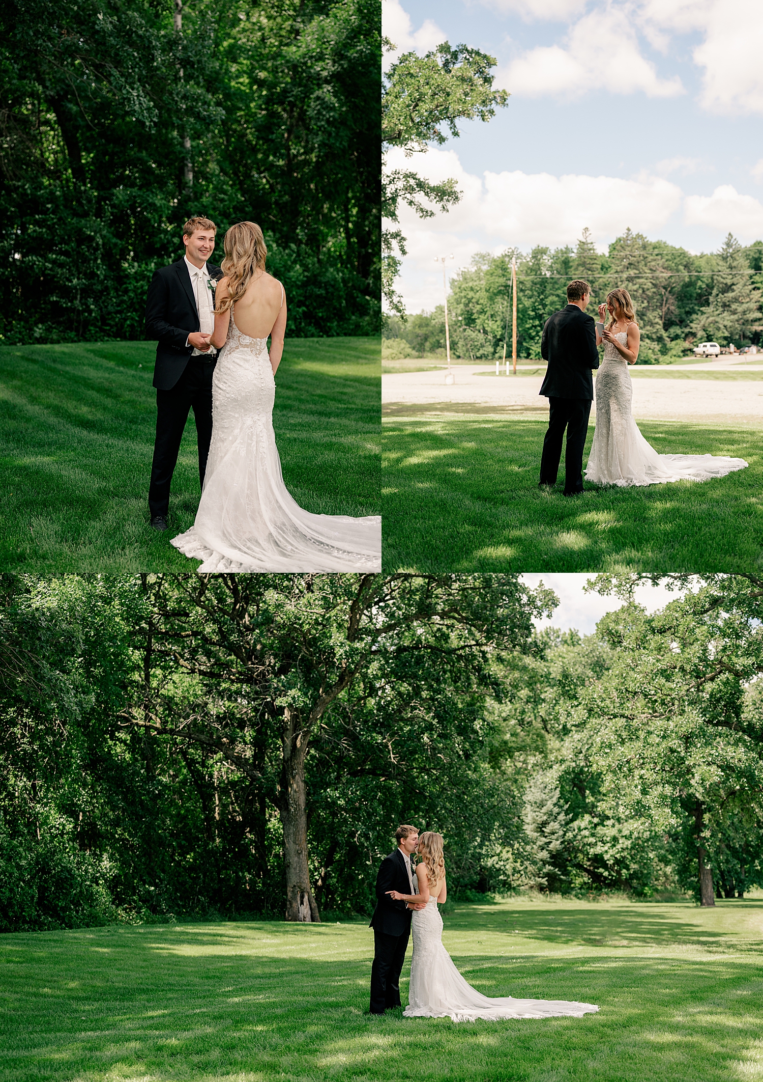 bride and groom stand in sunny field at Shady's Sunset Bay 