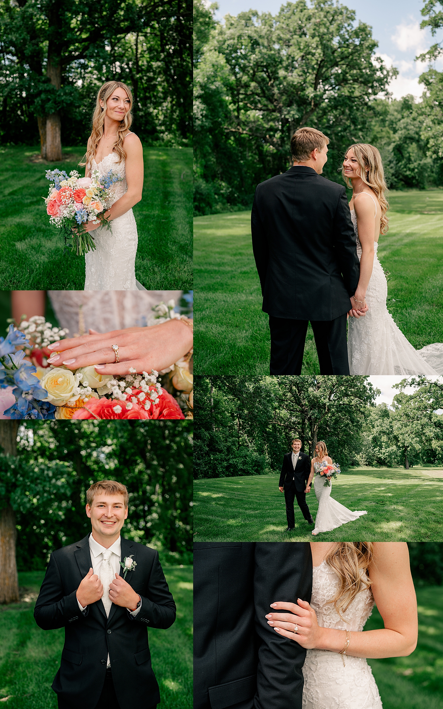 newlyweds walk through green field by Minnesota wedding photographer 