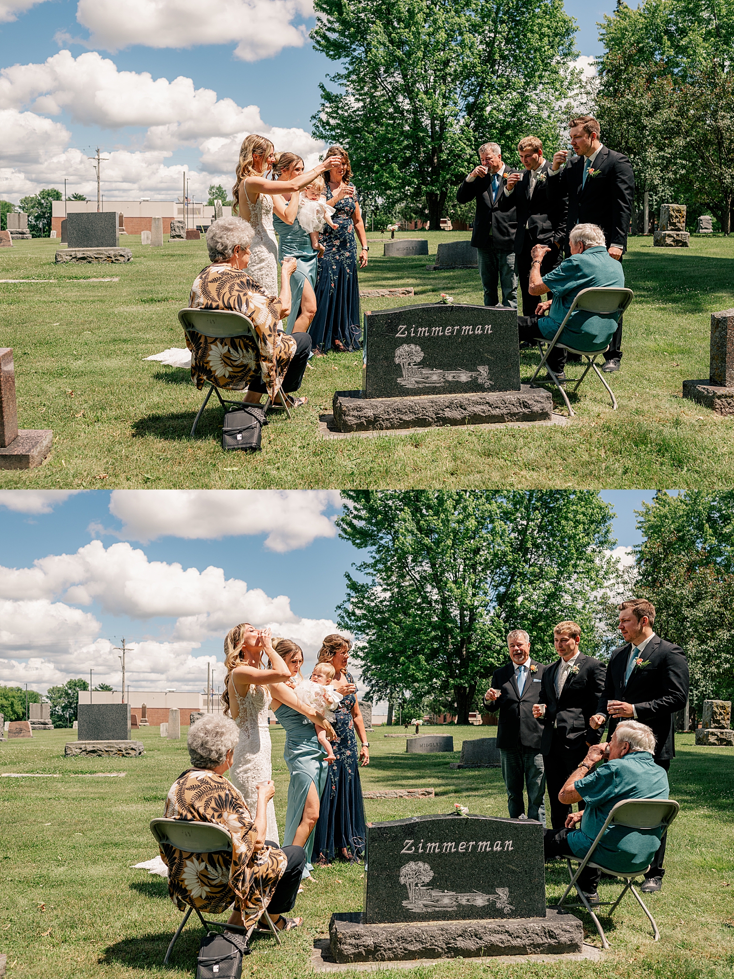 family raises a toast at graveside before ceremony by Minnesota wedding photographer 
