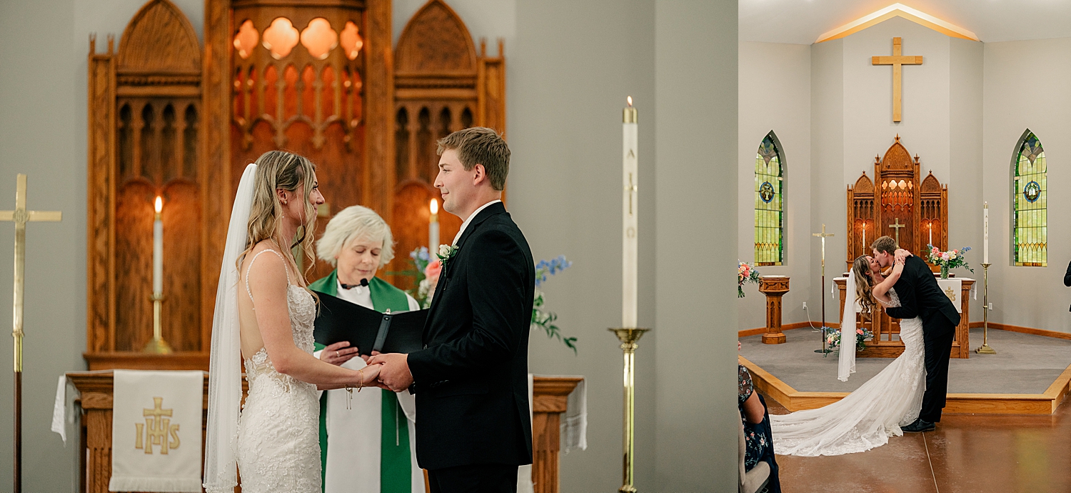 bride and groom hold hands at church alter by Minnesota wedding photographer 