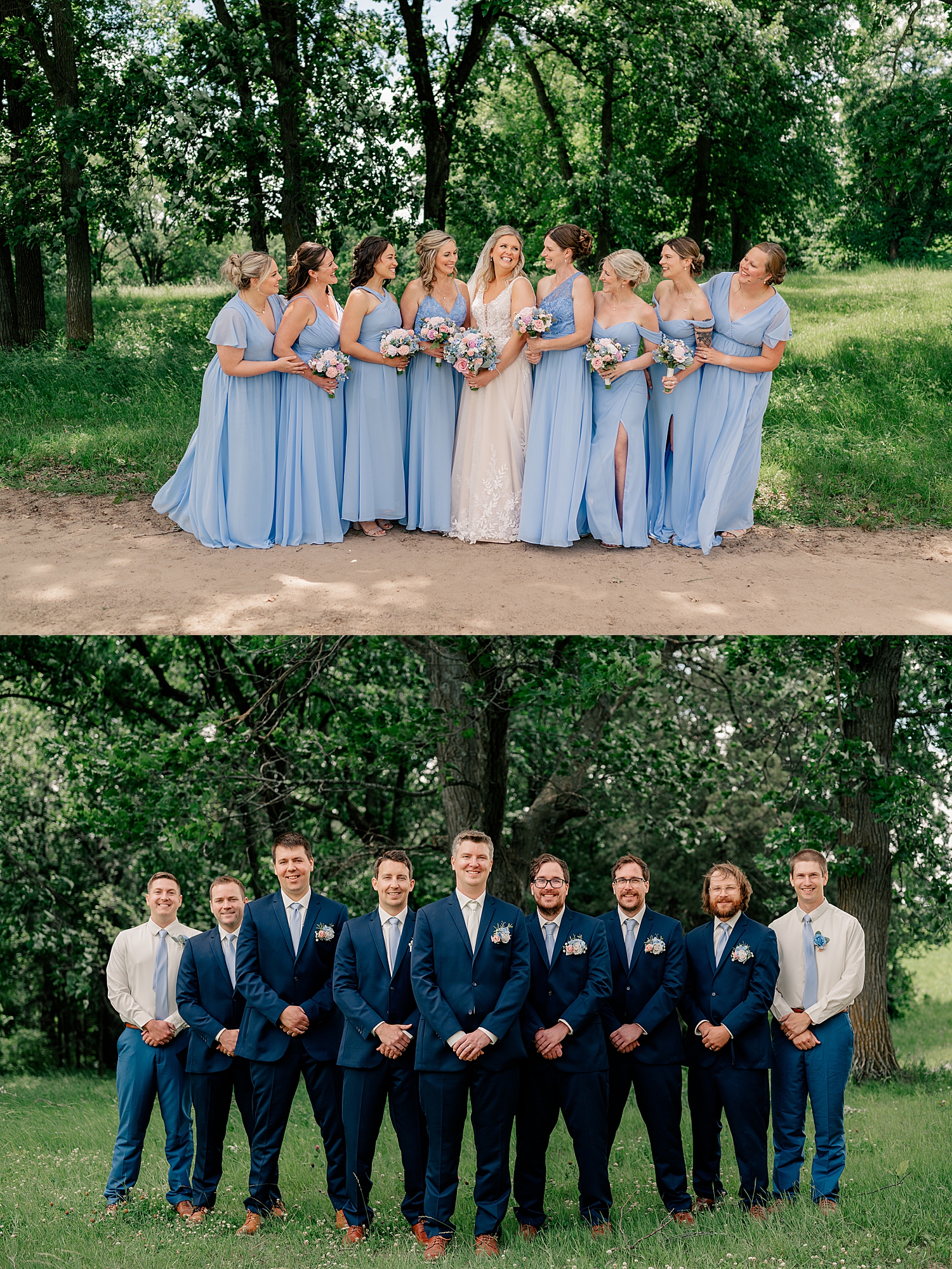 bridesmaids and groomsmen in line outside by Minnesota wedding photographer 