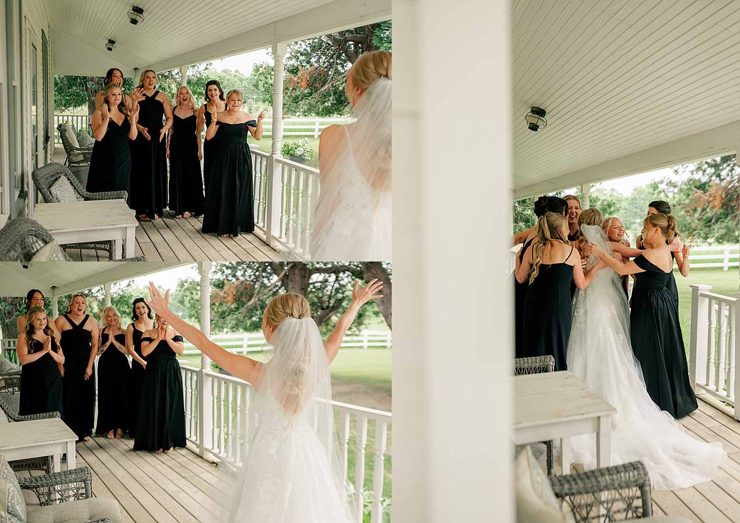 bride shows off her gown to bridesmaids by Minnesota photographer