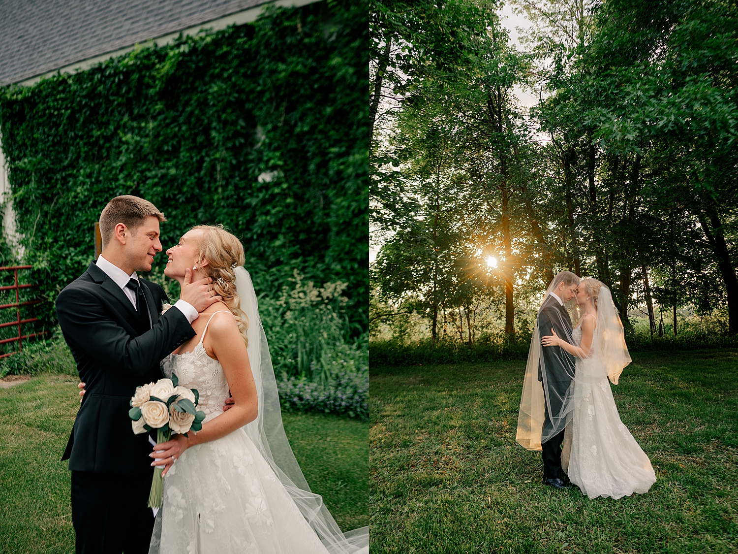 couple kiss by trees in golden hour lighting by Minnesota photographer