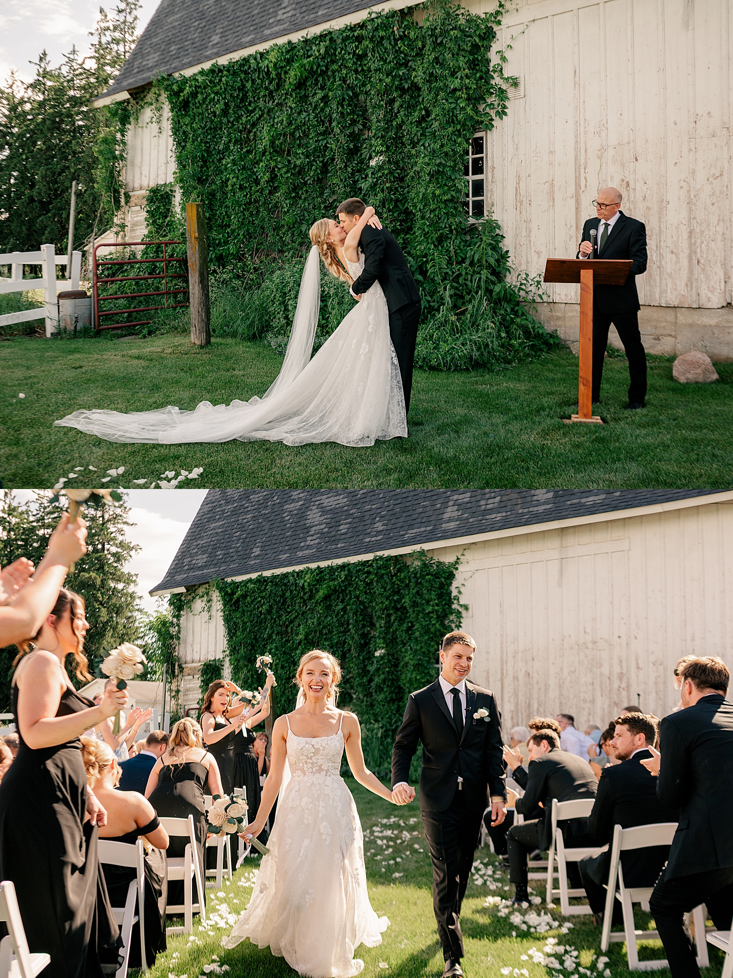 couple kiss during outdoor ceremony by Minnesota photographer