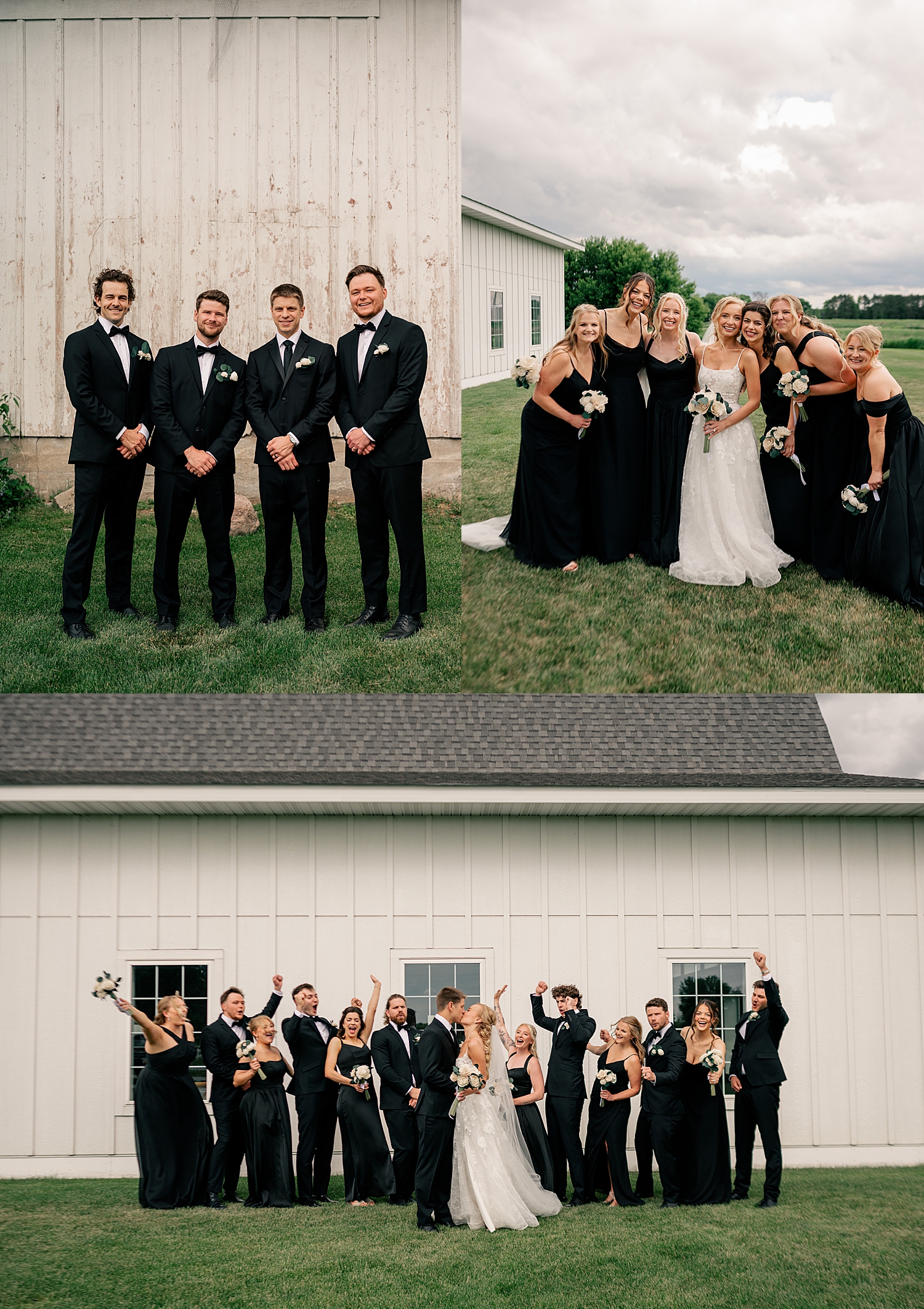 group of friends wearing black cheers the newlyweds by Minnesota photographer