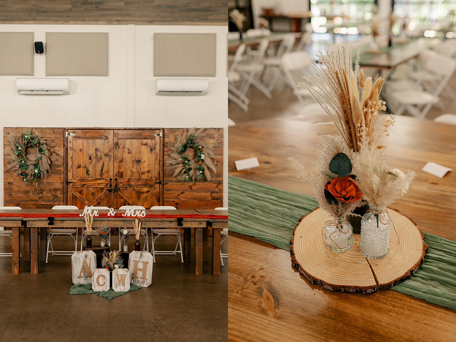 tabe decor in rustic reception space at Rice Creek Weddings