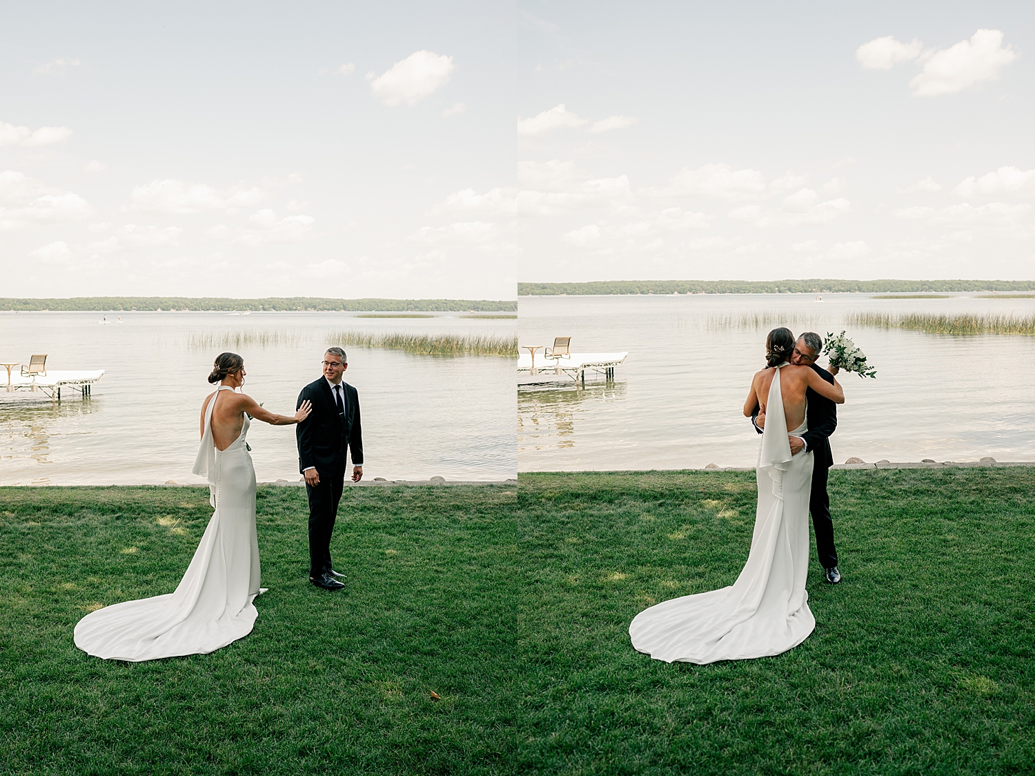 woman approaches her man for a first look by MN wedding photographer