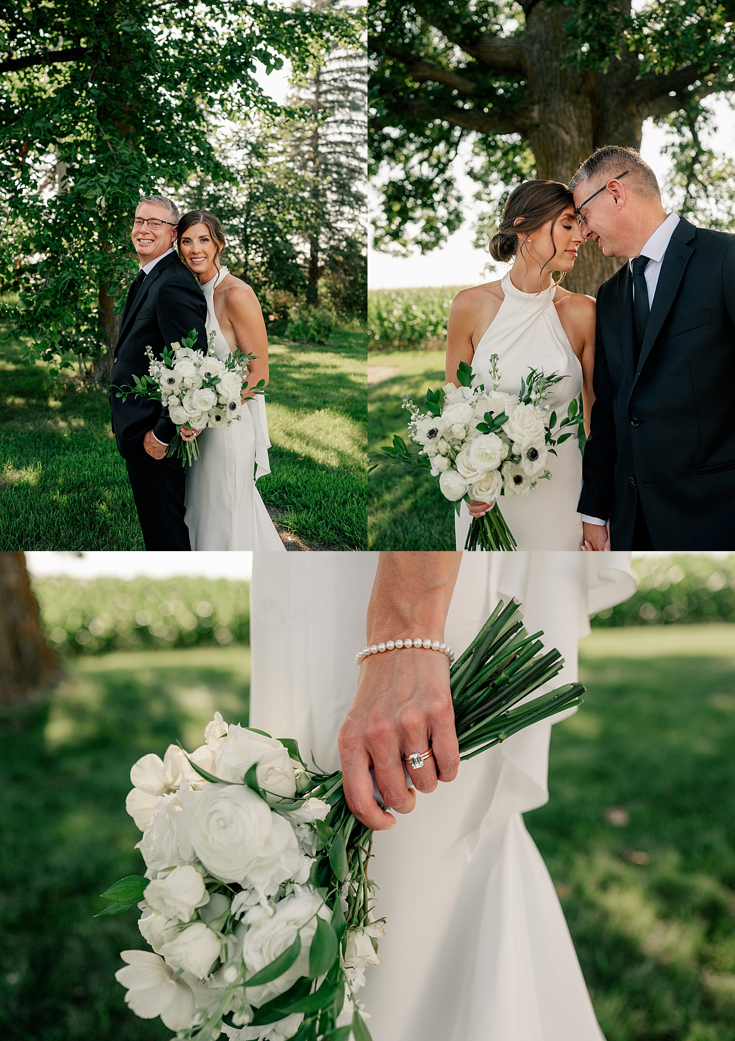 bride and groom lean in close under big trees for backyard elopement in Minnesota