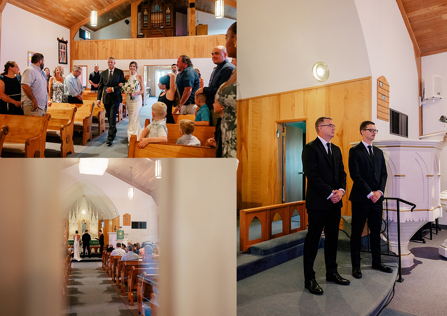 groom waits at the alter while bride approaches by MN wedding photographer