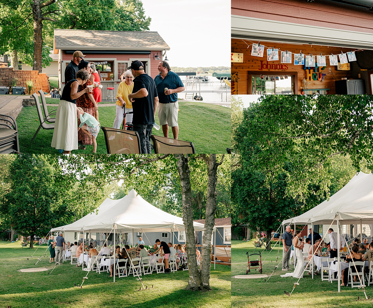 grandparents sit on the lawn under tent for backyard elopement in Minnesota