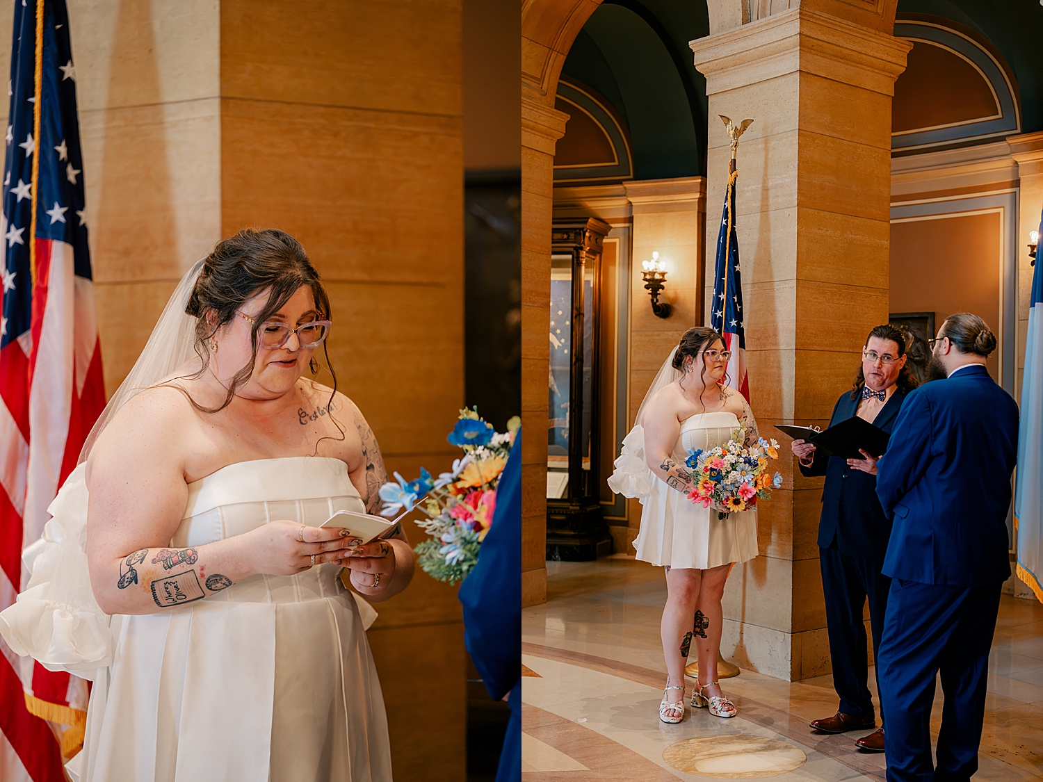 bride in white mini dress and colorful bouquet reads vows by Rule Creative Co