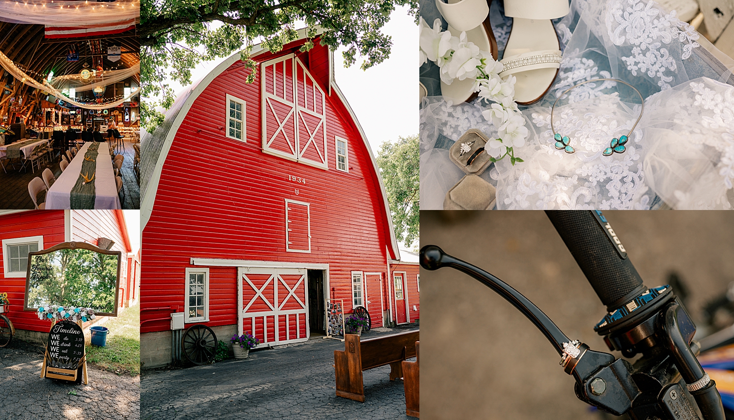pews set up on driveway for red barn wedding