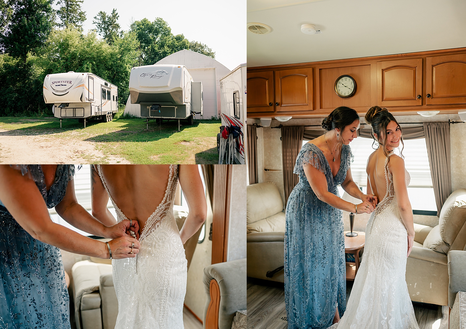 bride gets ready in an RV with friends by Minnesota wedding photographer
