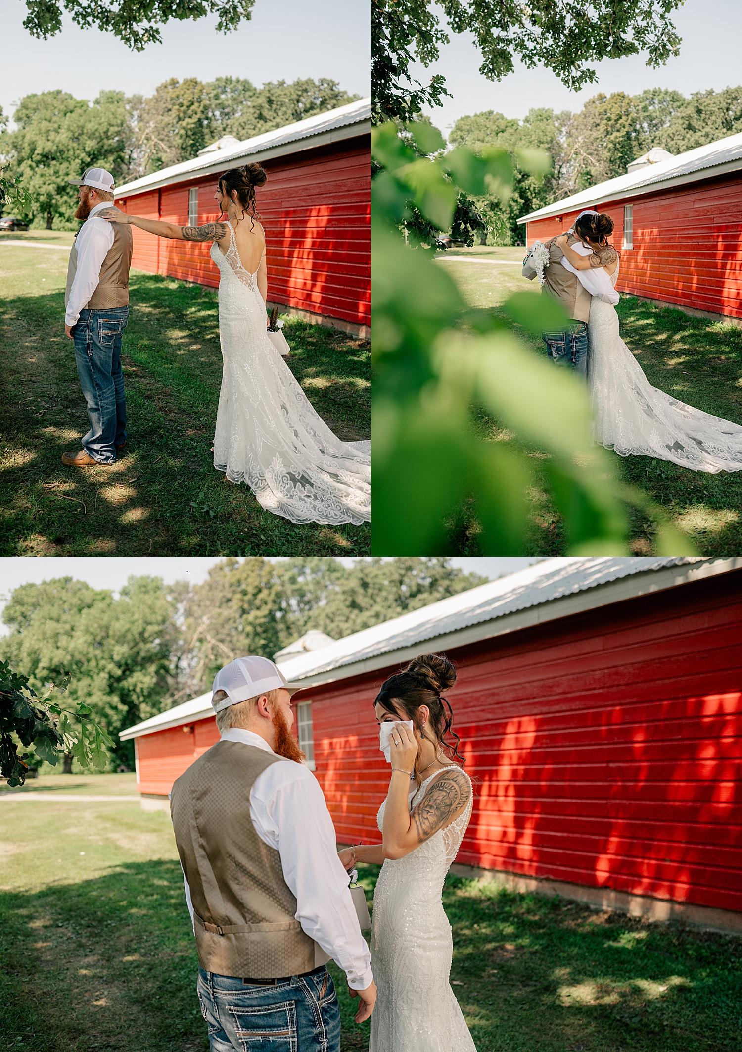 woman cries during her first look with fiance by Minnesota wedding photographer