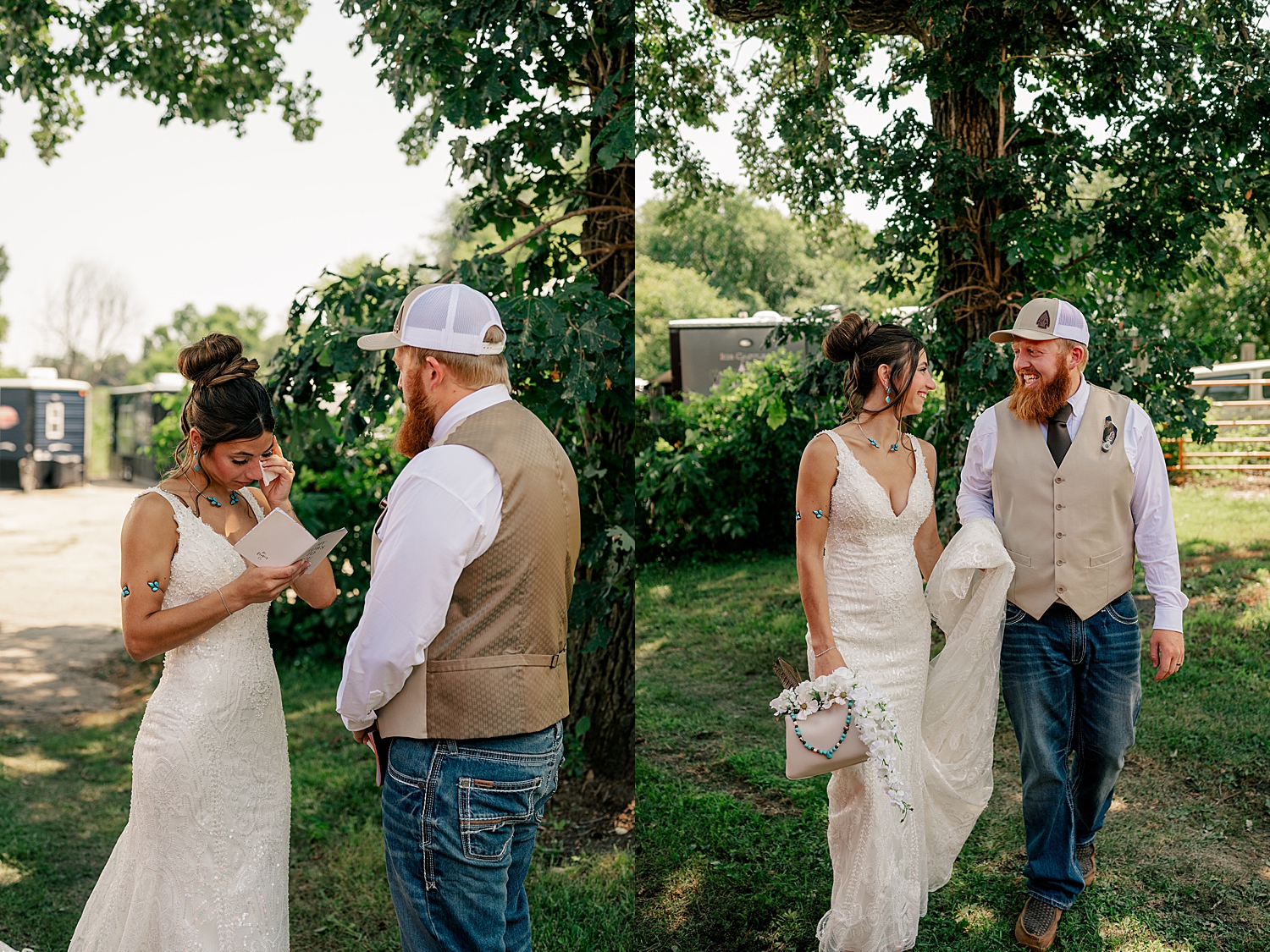 bride and groom walk through grove of trees on farm by Rule Creative Co