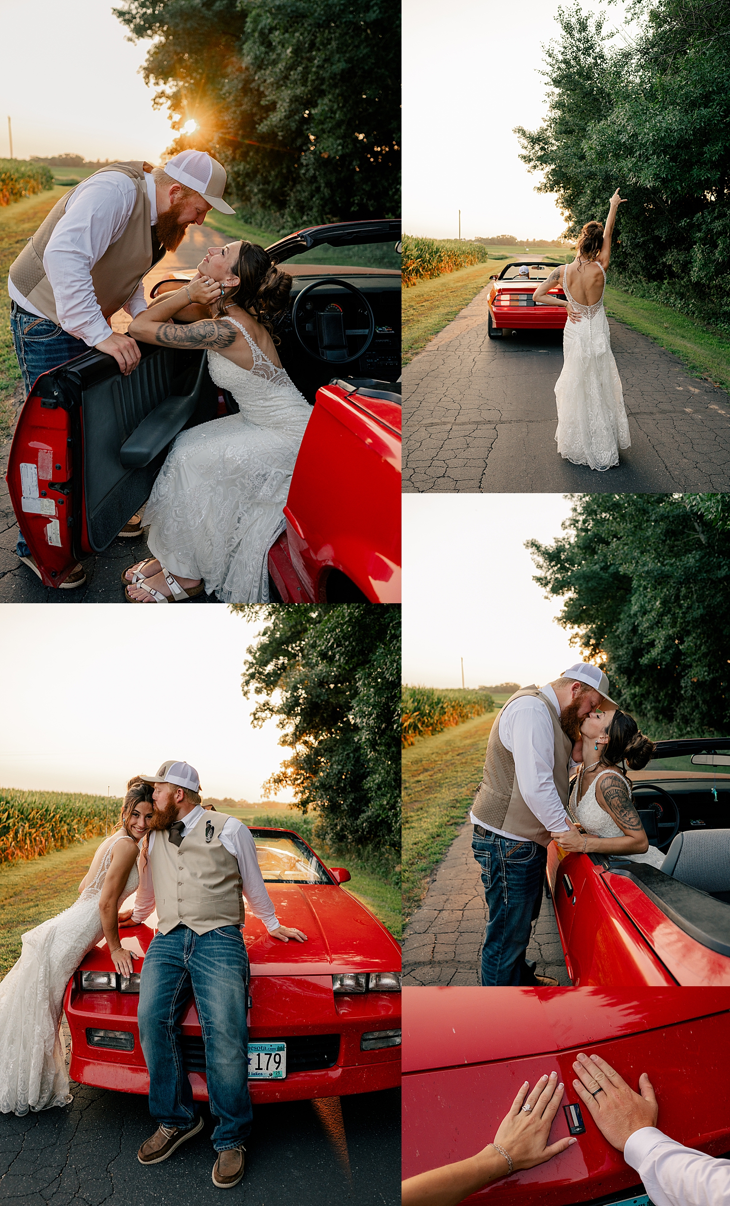 bride and groom next to convertible car on country road by Minnesota wedding photographer