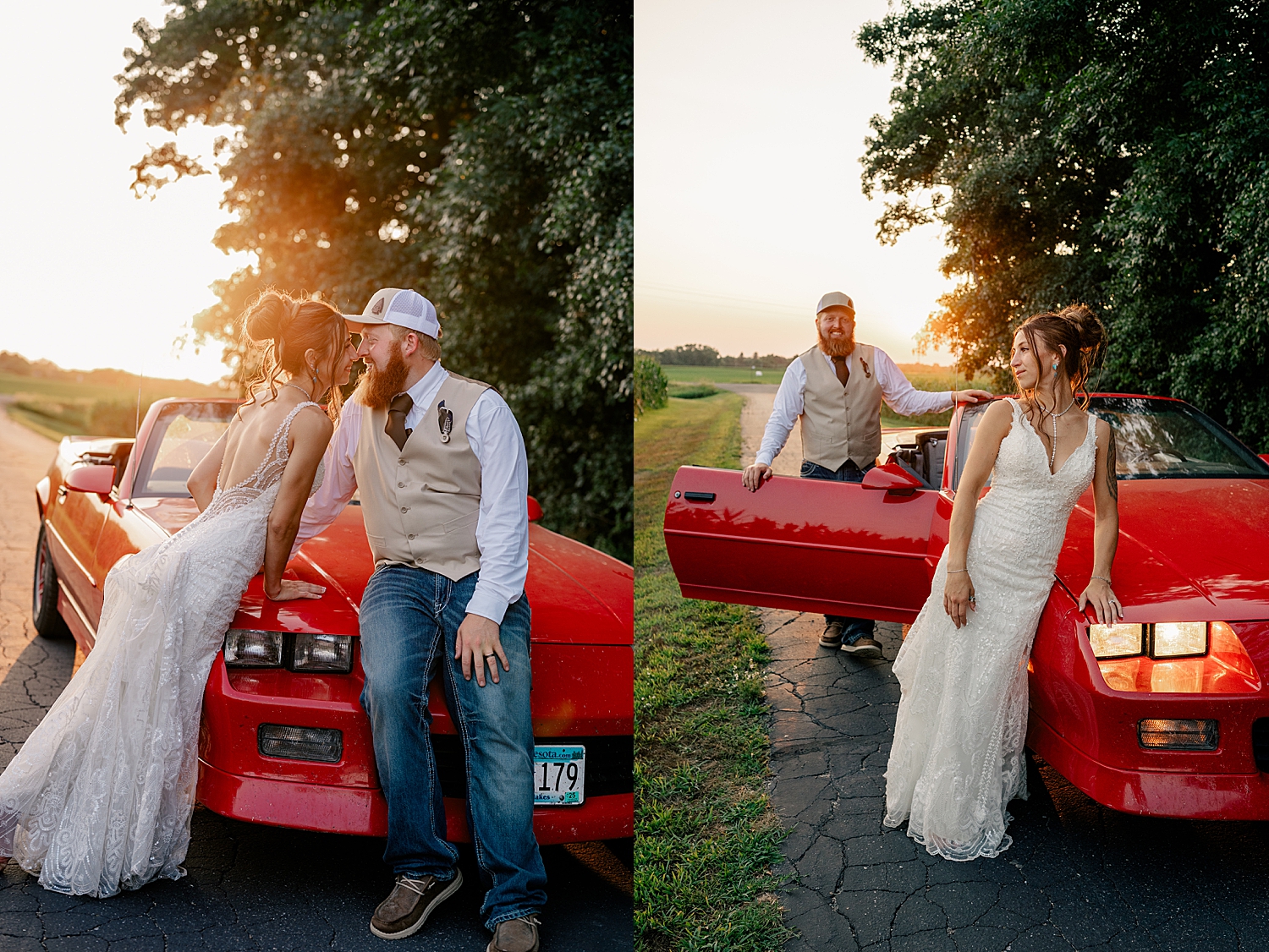 husband and wife lean on convertible for red barn wedding