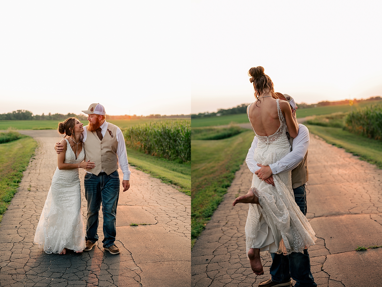 man lifts his bride to be and twirls her on country road by Rule Creative Co