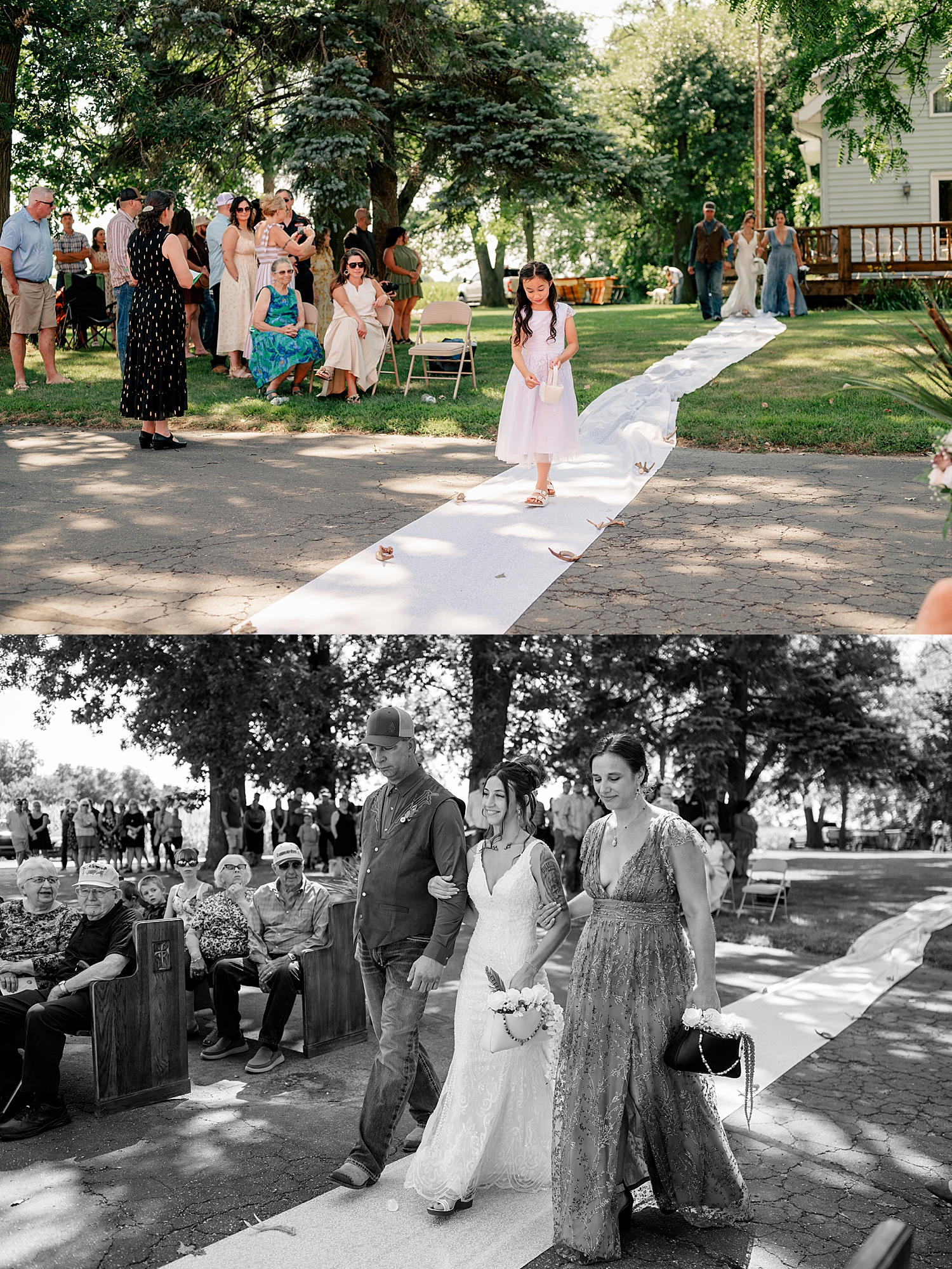 flower girl walks down aisle before bride for red barn wedding