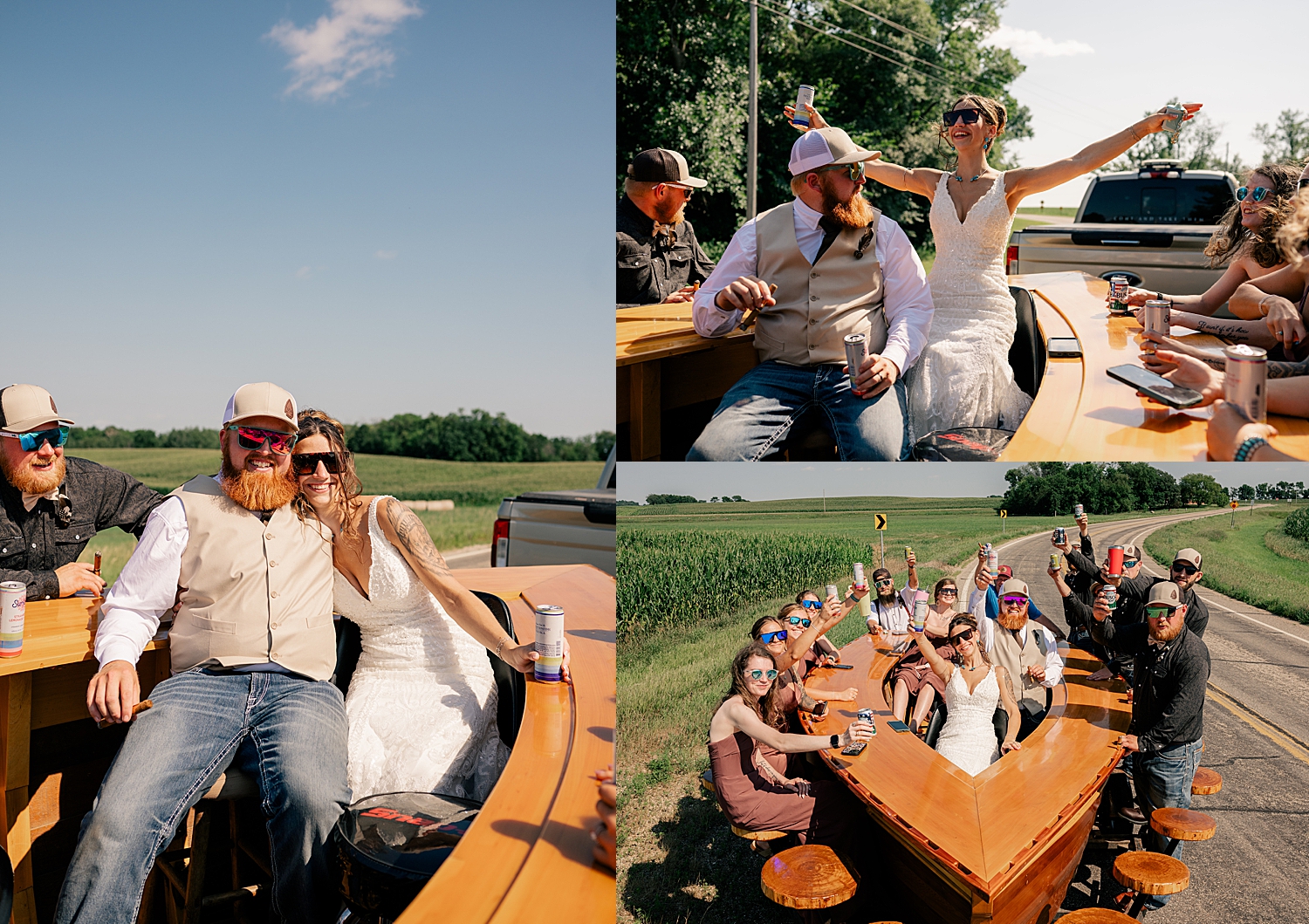bride and groom ride in pedal boat with wedding party by Rule Creative Co