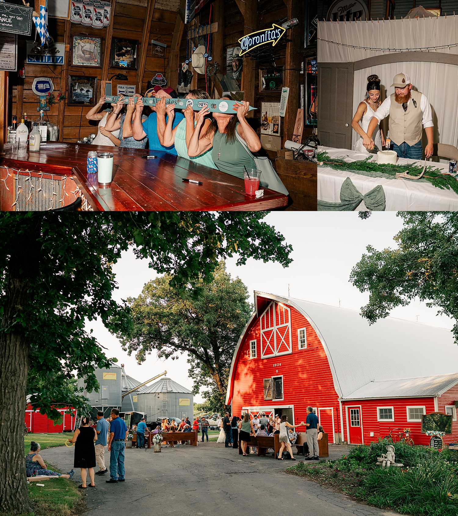 guests share a flight of shots for red barn wedding