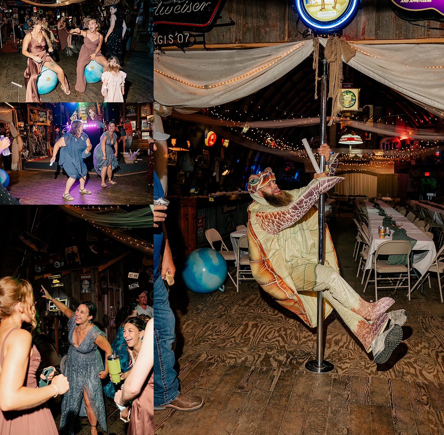 man in turtle costume pole dances for rustic reception by Minnesota wedding photographer
