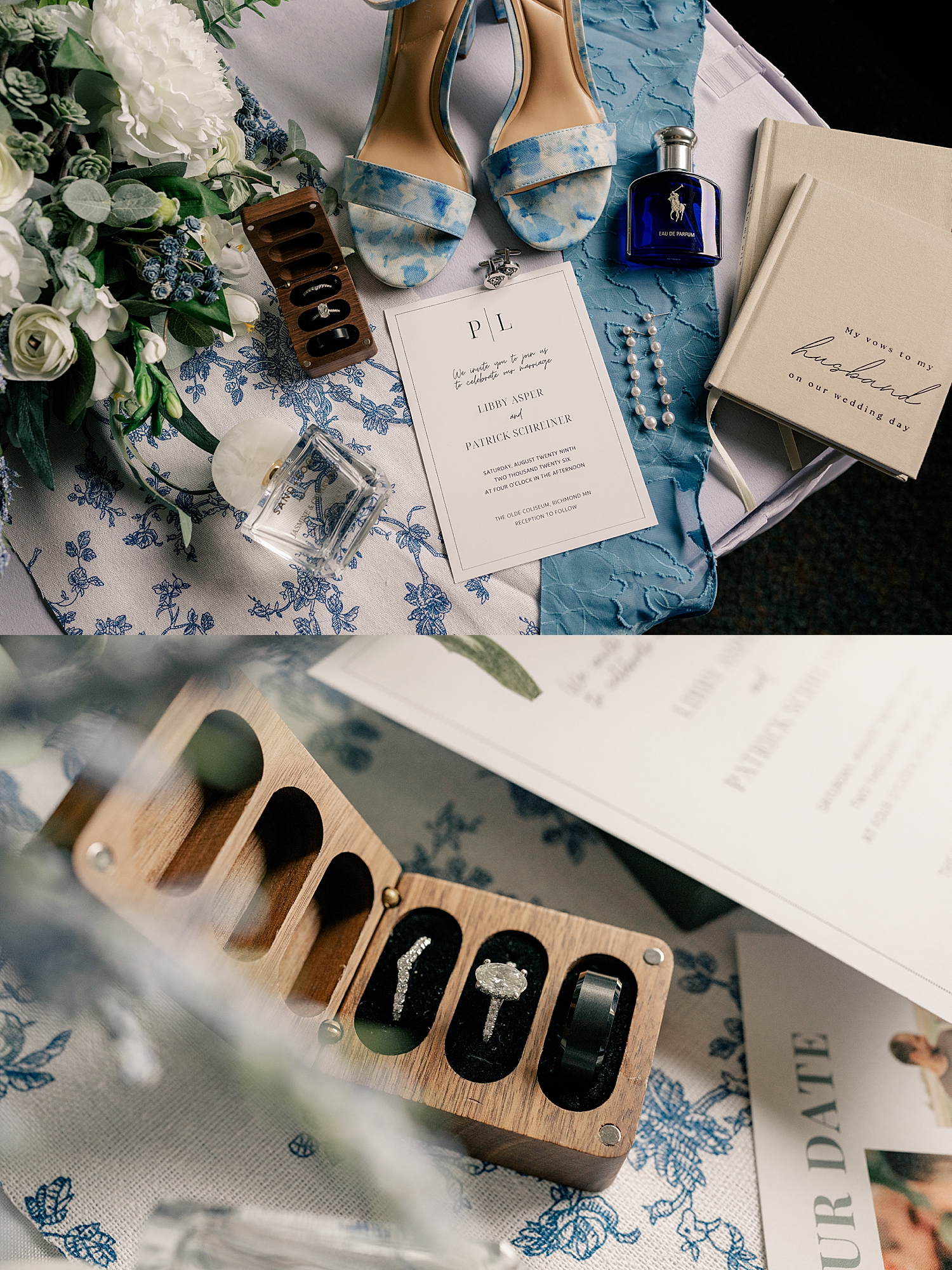 rings in a box next to invitation for a family-friendly wedding