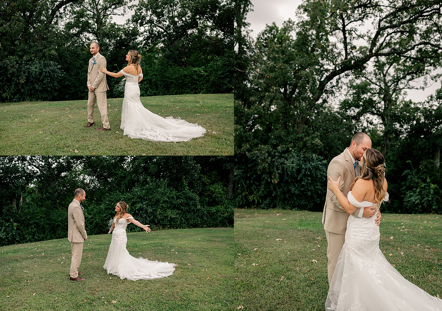 woman approaches her groom for a first look in green field by Minnesota photographer
